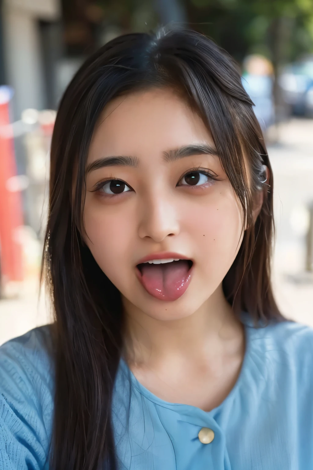 one woman, Japanese actress, (She opens her mouth wide:1.6), she looks up at the sky, (POV:1.2), composition looking down on her, Composition of the camera shooting from above, On the bustling street, in the crowd , Close-up of face , masterpiece, highres, high-resolution, 8k,8k portrait , realistic, RAW photo, real person, portrait photography, photo realistic, detailed skin, (best quality, Ultra detailed: 1.2),