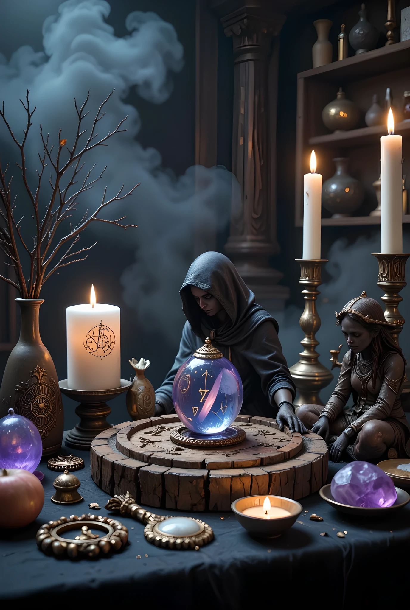 dark magic, without a person, modern witchcraft, witchcraft table, magical power energy, witch attributes and figurines, Magic symbols , 8k, mystical atmosphere, magical atmosphere, ultra details,