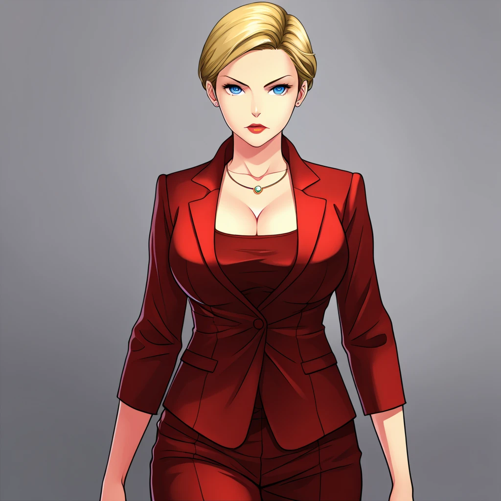 T-XSDXL,solo,1girl,short hair,blue eyes,blonde hair,cleavage,jewelry,jacket,pants,necklace,lips,formal,suit,lipstick,large breasts,