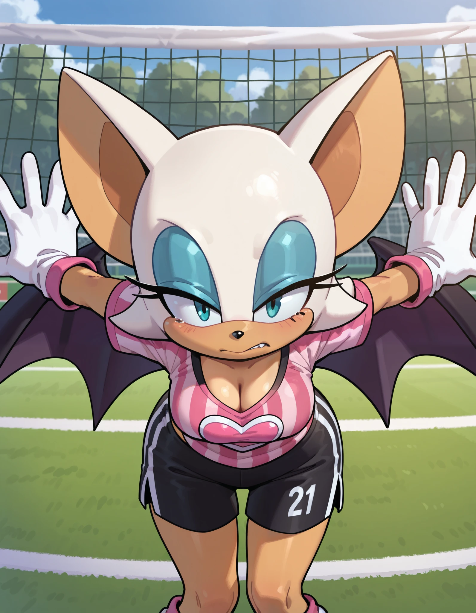 masterpiece, best quality, amazing quality, very aesthetic, absurdres, source furry, ((Rouge the bat)), ((short body)), half closed eyes, cyan eyes, blue eye makeup, (looking behind viewer), focused expression, serious expression, white gloves, deep cleavage, pink soccer shirt, black soccer shorts, medium breasts, focused, standing, knees bent, holding ground, extending arms, outdoors, soccer goal net background