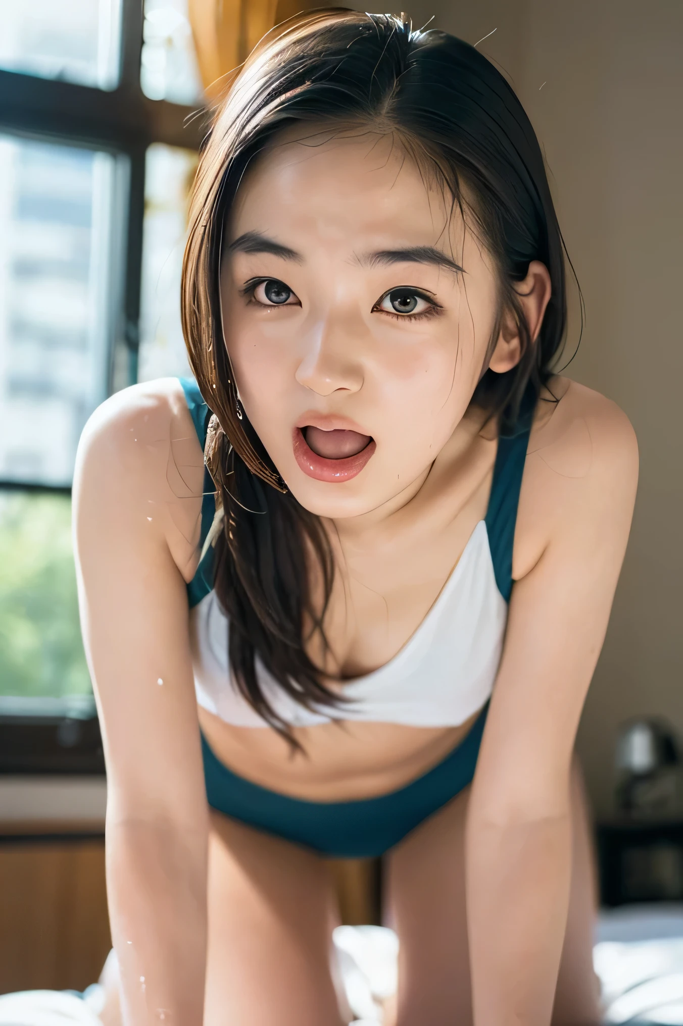     top quality, 8k,      masterpiece  : 1.3)),  beauty、    beautiful long hair    、  gold mesh 、     in the seat,: 1.3,      slim abs: 1.1,      Tiny Breasts , ( sweatだく、    lying on bed showing vaginal area  ,  feet: 1.2),     とても Detailsな顔  ,  とても Detailsな唇,     Details  ,      double eyelid   ,   viewers in colorful skinny bikinis ,      wet, sweat,   orgasm face, strip,     and get on all fours,      wet体   ,     face ,   red hair、     Shortcut、  from below, ,     sexual activity with men ,        , nsfw,      excited  , scream, ,    Open your eyes a little    ,   open your mouth ,       hotel room,     anatomically accurate, 