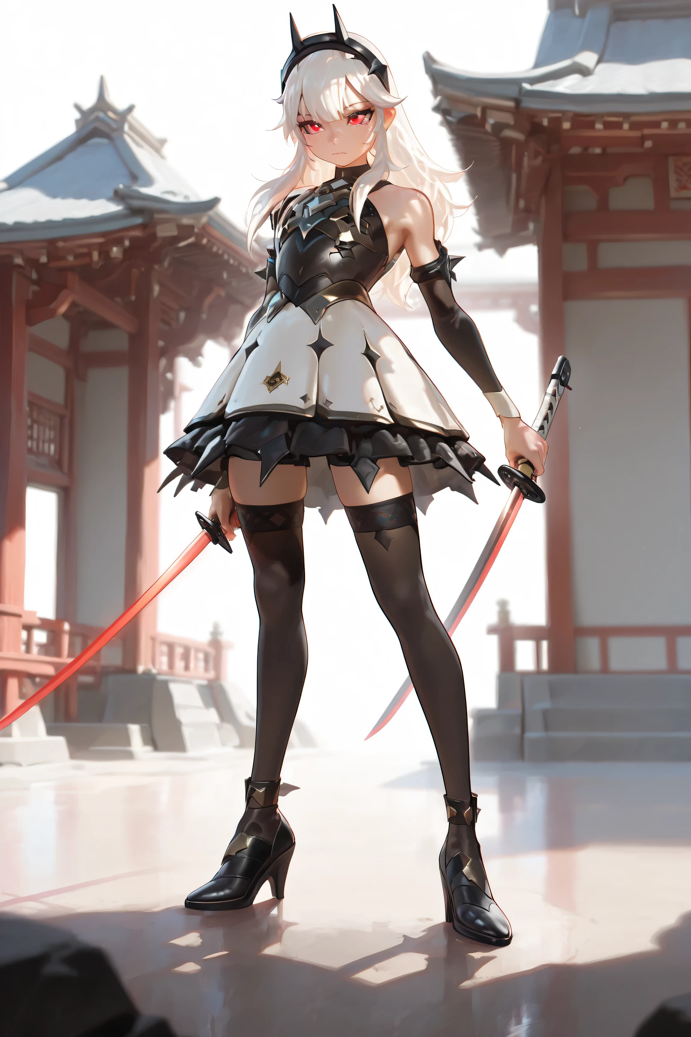 (masterpiece, Best Quality: 1.2), Ultra Detailed, Cinematic Lighting, HDR-10, Illustration, Landscape, (Soft Colors), (beautiful eyes, detailed eyes:1.2), 1girl,japanese temple, Princess lexa(Fortnite), Fortnite, holding katana, long hair, white hair, bangs, hairband, red eyes, black thighhighs, detached sleeves, bare shoulders, white dress, armor, black footwear, high heels, spikes,