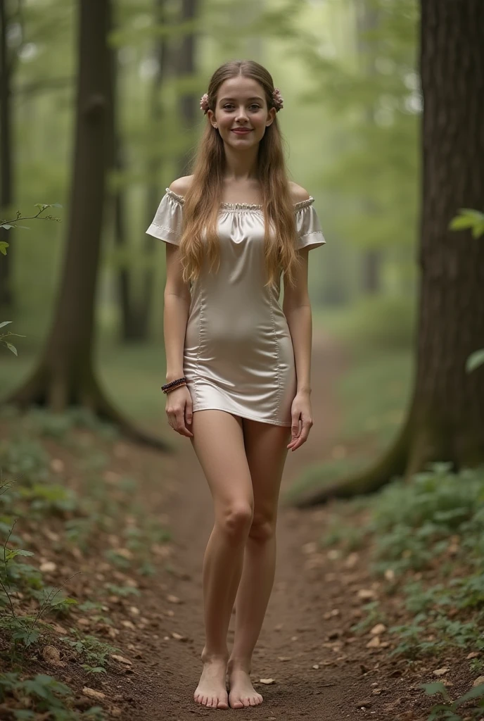 full body shot, (masterpiece), ((one) girl 2) (((Caucasian))) young French girl with shoulder length wavy hair, she is petite, nude, (naked:1.4), no bra, no panties, she is posing hands on hips outdoors in the countryside, taken with, Canon 85mm lens, extreme quality, heavily retouched, heavy makeup, very high quality