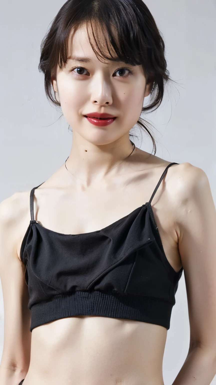 (((masterpiece、Highest quality、Very detailed)))、Black Hair、Wet Hair Japan Student Swimsuit、 Micro Bikini、Swimwear that fits perfectly on the skin Muscular thighs、Well-formed chest body,Red lipstick、((short hair))、Pointed nipples、Backwards、