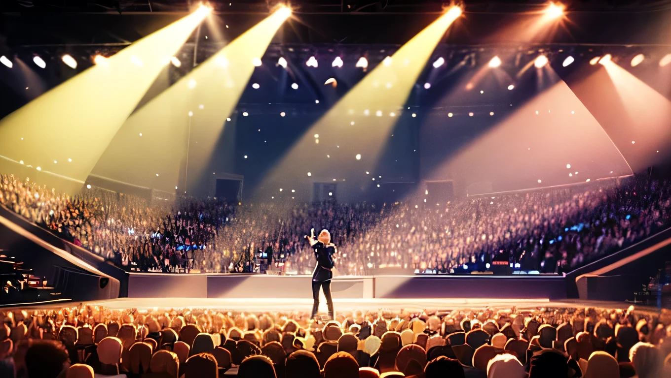 " A young man with slightly tousled blond hair and bright blue eyes is standing on stage, holding a microphone and singing with confidence , seductive. He wore a trendy black jacket with white t-shirt inside , accompanied by a striking necklace . The stage was illuminated by bright lights , with light smoke spread creating a magical effect . The crowd below as if cheering , adding to the lively atmosphere of the performance ."