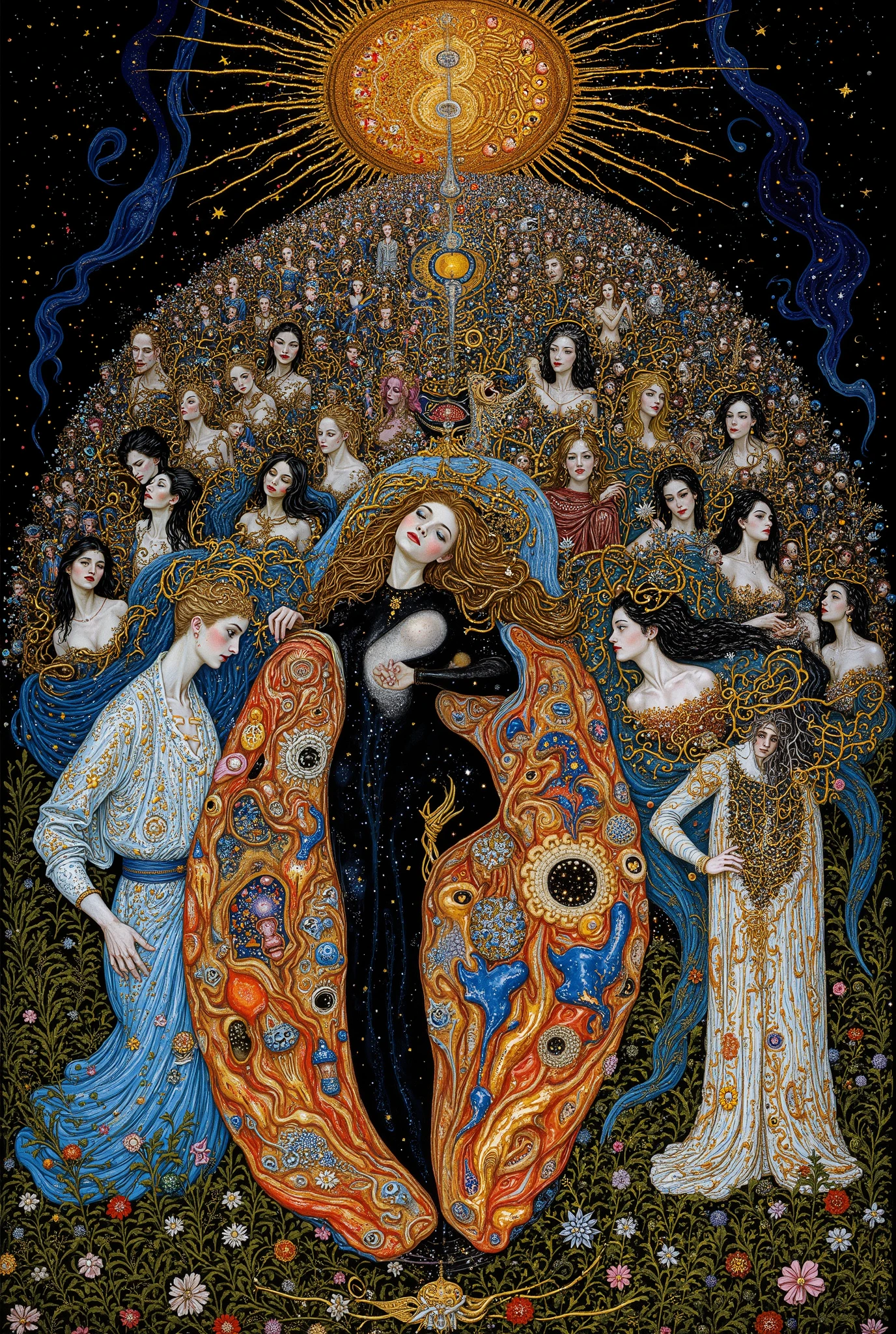 many people ,((beautiful people)),((dancing:1.5)),body horror,biomachine,(bloody),moonmoonlight, living being, (vivid color),(colorful),(tangled:1.2),(wearing robe:1.2), H.R Giger style,Gustav Klimt Style,Yoshitaka Amano style,
Granulated,plants,blood vessels,liquid,blue,gold,ritual,Abundance,starry sky,
16k,detailed image, by gustavklimt,creature,biomechanical style