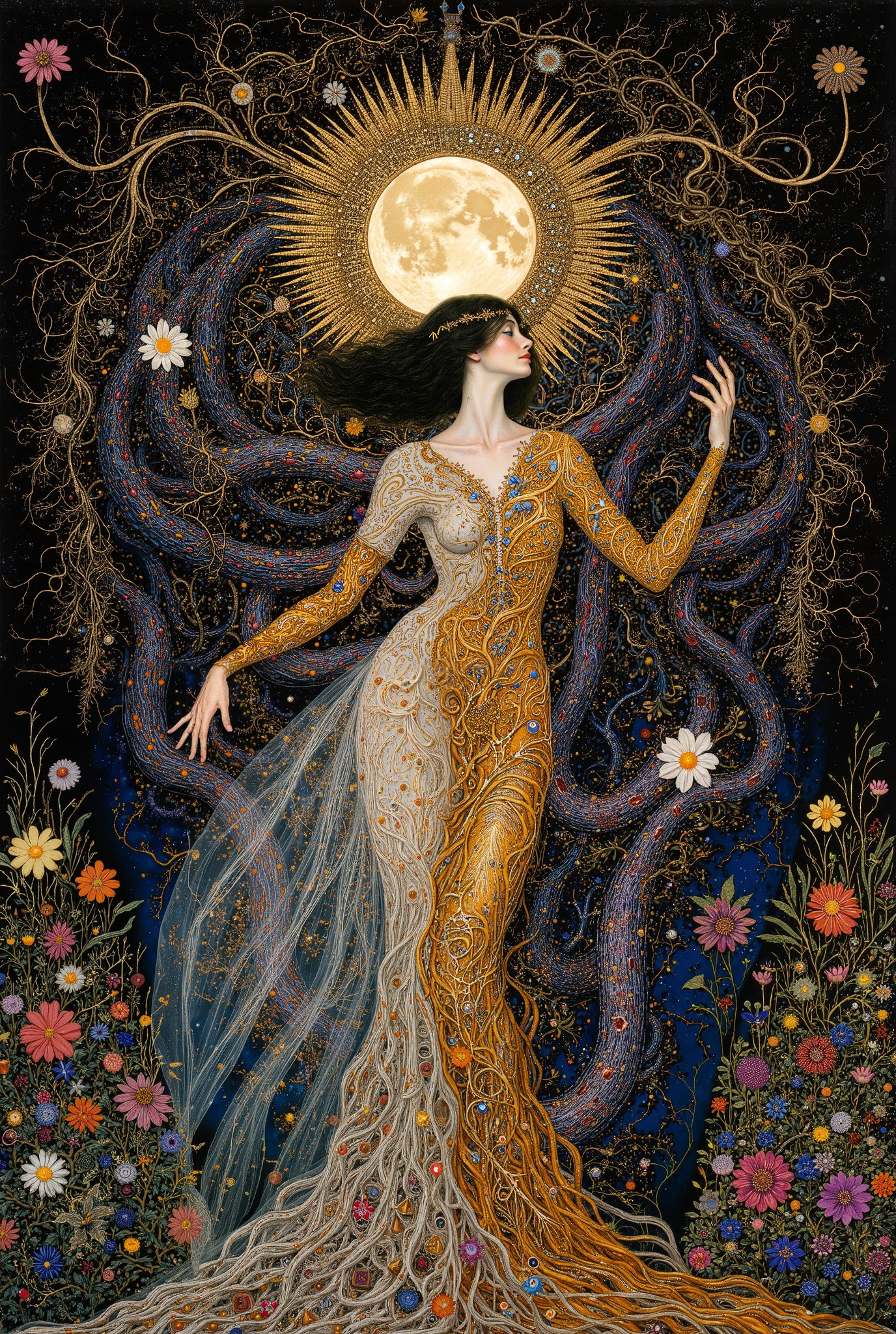 many s ,((beautiful people)),((dancing:1.5)),body horror,biomachine,(bloody),moonmoonlight, living being, (vivid color),(colorful),(tangled:1.2),(wearing  robe:1.2), H.R Giger style,Gustav Klimt  Style,Yoshitaka Amano style,
Granulated,plants,blood vessels,liquid,blue,gold,ritual,Abundance,
16k,detailed image,　　　by gustavklimt,creature,biomechanical style