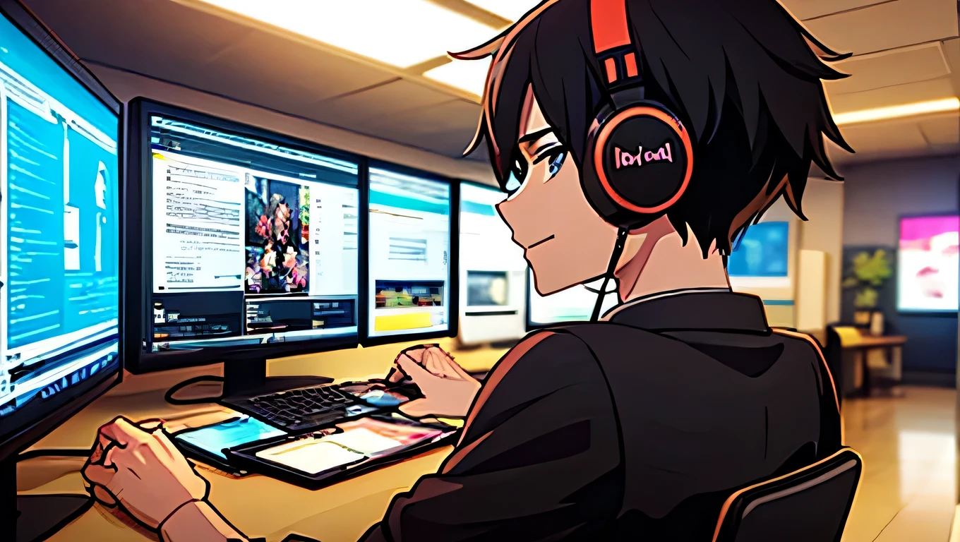 *" A young man in anime style , with neat hair , His eyes are focused and full of enthusiasm . He is sitting in front of a computer screen , wearing gaming headphones , mouse and keyboard handles , very professional looking .
Surrounded by the gaming room space with bright RGB lighting , the screen shows the game being streamed live . On the screen there is also a chat room with many lively comments from viewers. Behind is a rack with things The game models , LED lights creating a vivid effect . The atmosphere in the room shows excitement , Modern , are in the style of a professional game streamer ."*