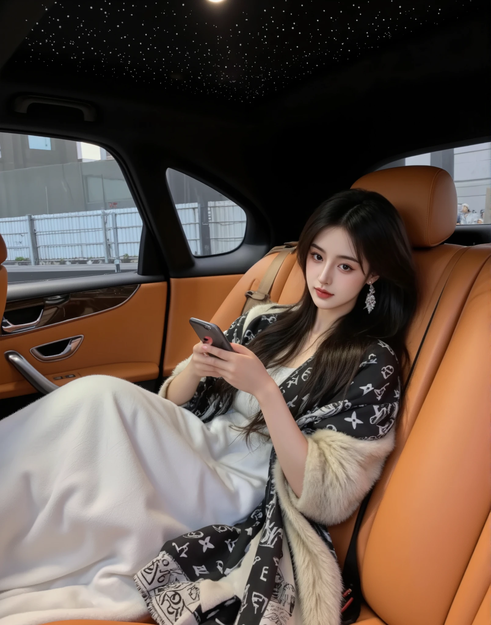 /imagine prompt: Inside a luxury car with a starlit ceiling, a young woman reclines comfortably on plush orange leather seats. She wears a high-end designer shawl with a monochrome Louis Vuitton pattern, draped elegantly around her. Her long black hair flows freely, framing her face beautifully. She wears statement earrings that reflect softly in the ambient light. She is focused on her smartphone, her posture relaxed and sophisticated. A luxurious fur blanket adds to the coziness. The car interior features premium materials, with sleek black and orange contrasts, enhancing the exclusive and elegant vibe. hd quality, natural look --ar 9:16 --v 6.0