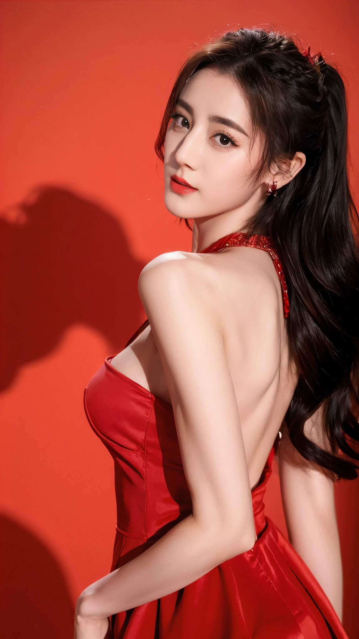 Ultra HD resolution，artistic photos，Photography，21year girl,earrings,long hair,Red background,Black backless dress,necklace,cowboy shot,H cup，Showing cleavage，Expose more breasts，Amazing breast size，Bigger breasts，Smooth and beautiful back，Completely bare back，Cold white skin，Being bullied