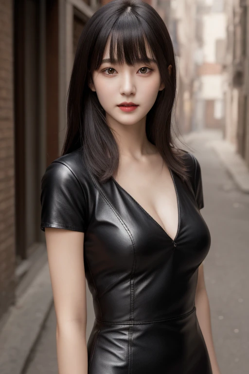 Gentle and charming Chinese beautiful woman, half-length photo, delicate and sexy collarbone, charming oval face, double eyelids, vivid peach blossom eyes, pink lips, small nose, bare shoulders, focused face, face close-up, ultra-high-definition, Ultra-detailed for an elegant stance, the Acne Studios biker jacket is crafted from smooth black leather with classic details like a wide belt and snap-button lapels, worn with a crisp shirt