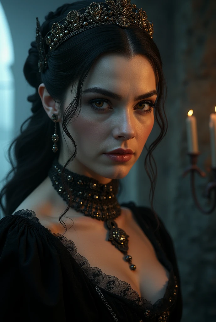 (masterpiece, top quality, best quality, official art, beautiful and aesthetic:1.2), (1girl:1.3), long and curly dark brown hair, ((extravagant updo)), Victorian style, extremely detailed, portrait, looking at viewer, solo, (full body:0.6), detailed background, close up, mischievous eyes, (cold midnight castle theme:1.1), extremely busty vampire, long fangs, blood on chin, huge lips, charlatan, smirk, mysterious, being seductive on a balcony, revealing gothic dress, lace, extremely tight bodice, black attire, red skirts, off shoulder, long sleeves, loose sleeves, black leather, cloak, corset, black dress, fishnets, thigh high black boots, buckles, straps, pouches, glowing blood magic energy, dark red fabric, silver trim, black leather, gigantic breasts, cleavage, skindentation, slim waist, slim hips, long legs, medieval (gothic castle exterior:1.1) background, nighttime, dark mysterious lighting, shadows, magical atmosphere, dutch angle