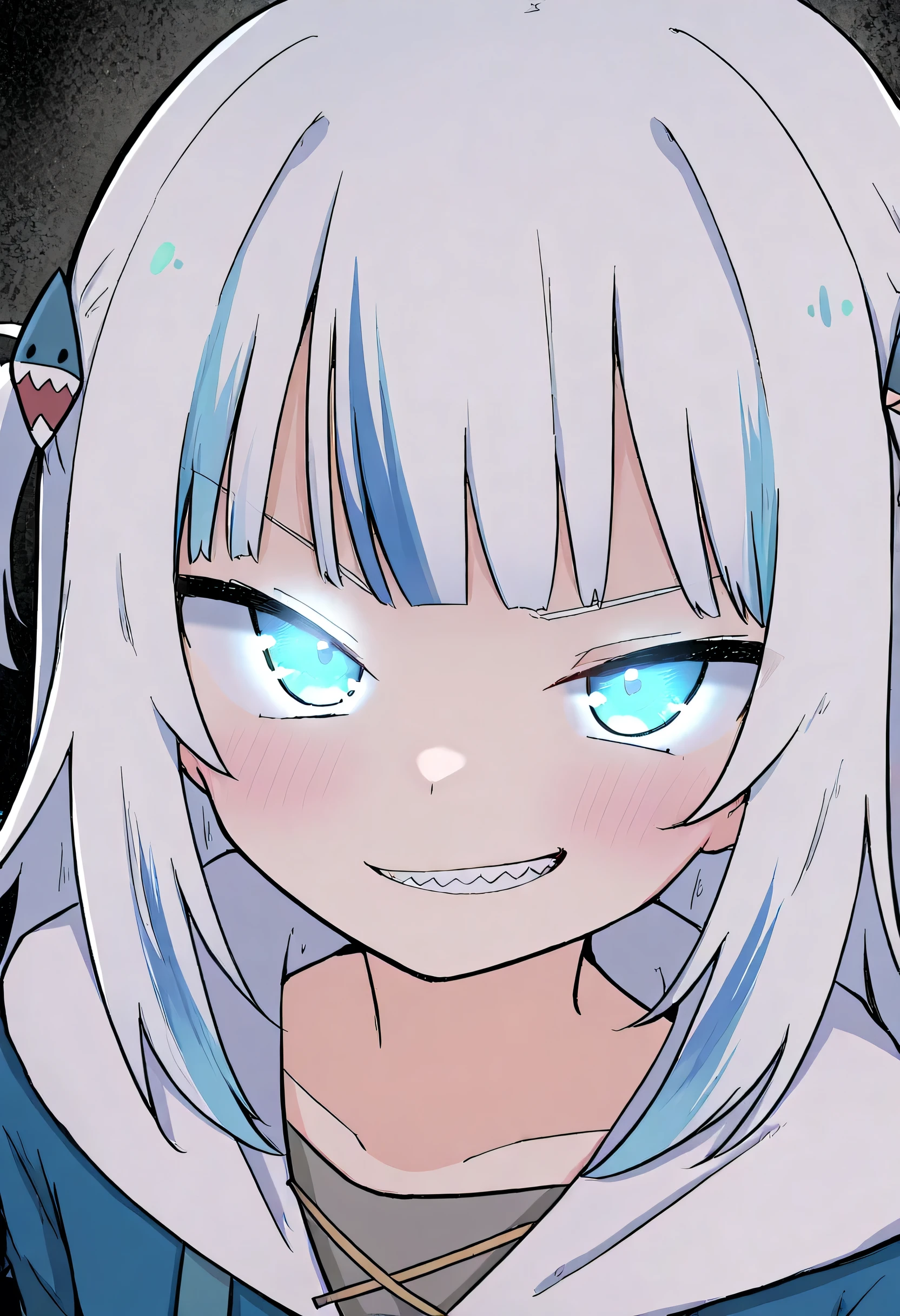 1girl, kujou_karasuma, gawr gura, hololive, smirk, glowing eyes, low illumination, medium quality, late