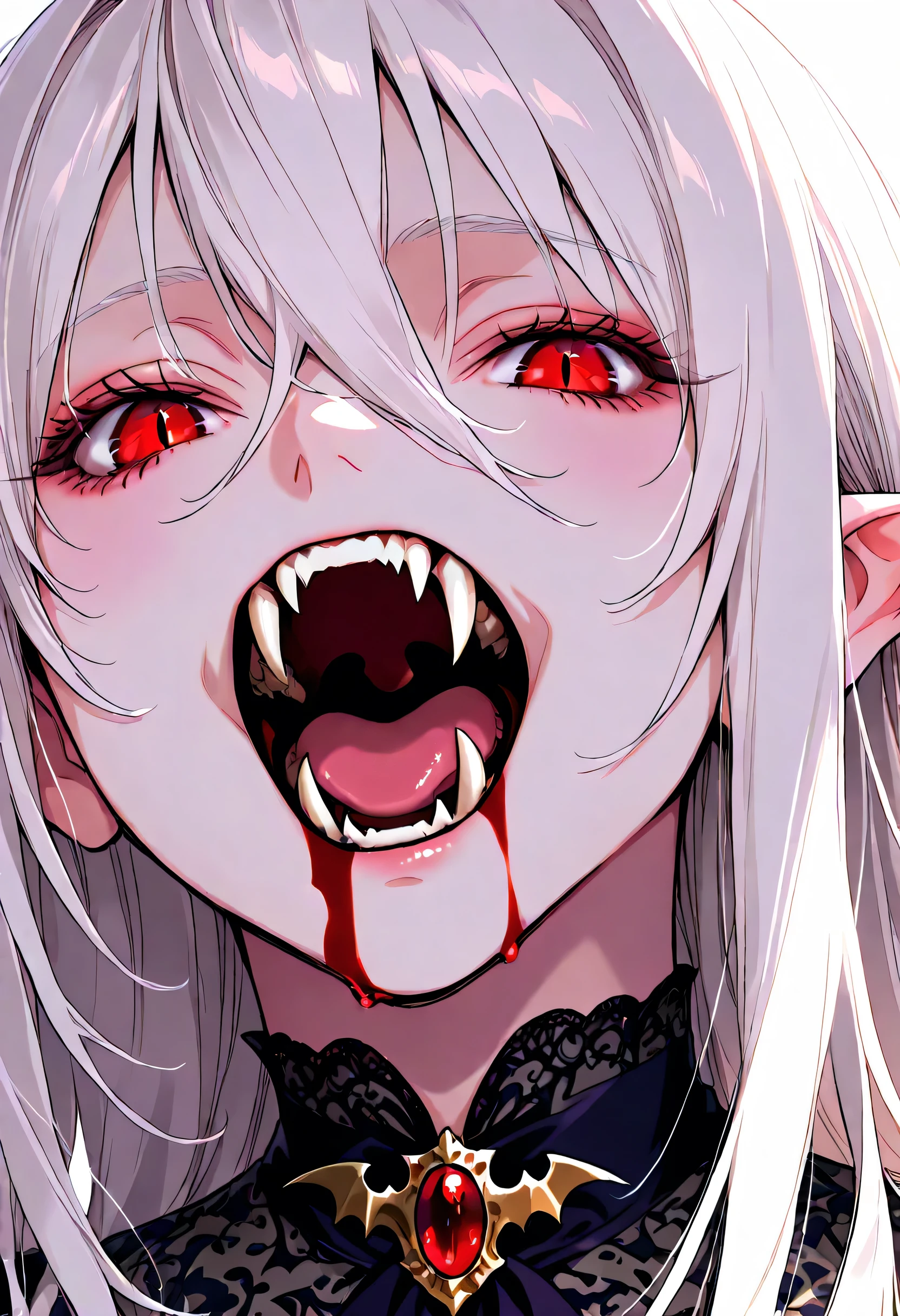 masterpiece, Highest quality, High detail, Very detailed, Anatomically correct, One woman in her 20s, Gray Hair, Long Hair, Red eyes, Slanted Eyes,, Ahegao, Double teeth,background,hell, Destructive、skull