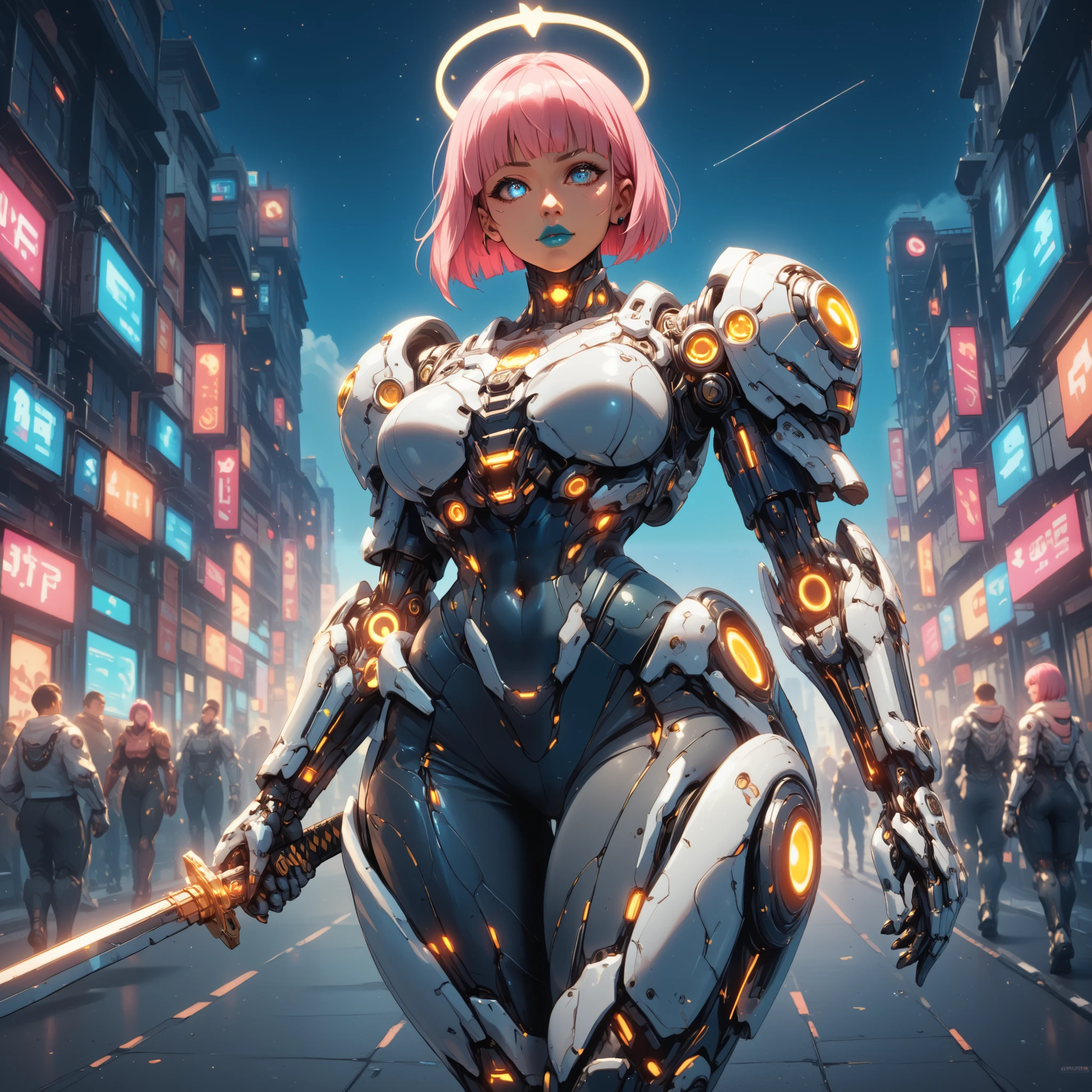 Combat Gynoid, bob cut neon pink hair, curvaceous figure with a narrow waist and wide hips, dark skin, glowing blue eyes, wearing bright cyan lipstick, clad in high-tech golden roman style armor, blue and gold body suit with silver accents worn underneath armor, futuristic golden glowing halo above head walking down a cyberpunk city street at night with the moon high in the sky, wielding a high tech blue laser katana,