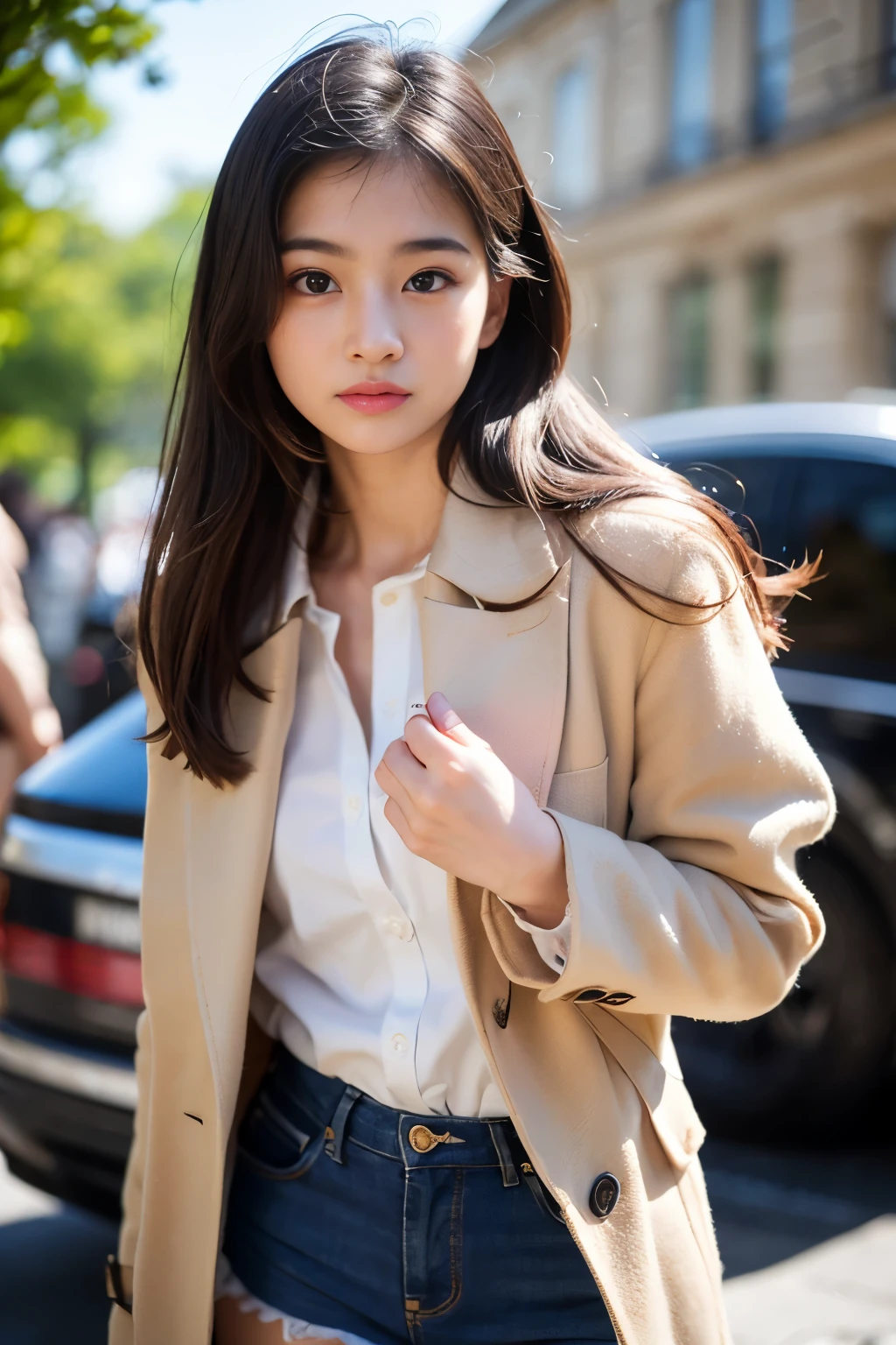 a 18 year old girl, she is the most beautiful actress in the world, the perfect body proportions of this girl, the formal shirt and the blazer is tightly clothing on her upper body, the blazer is appropriately buttoned up, her crotch area of the panties between her bare legs are hardly hidden by the short skirt, the front of her body, the one description, she is standing straight, at the street, nsfw, best quality, highly detailed, masterpiece, ultra high res, photo realistic, 8k, RAW photo