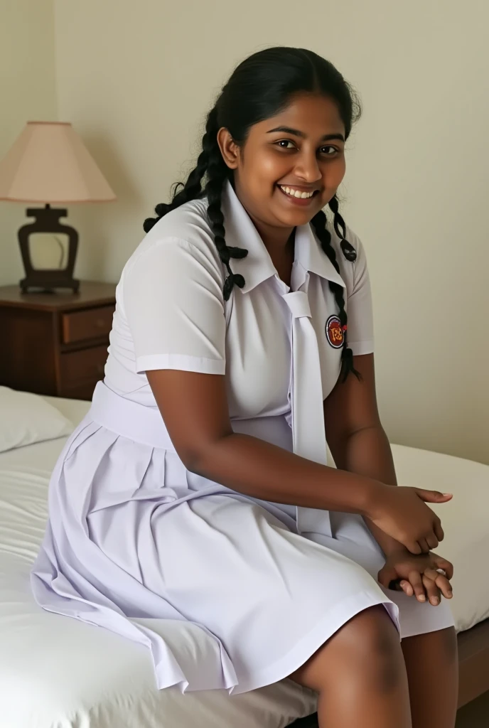 UltraRealistic, white skin, 12-year-old Sinhala beautiful Sri Lankan cute girl wore a A white school short box type Collar dress, beautiful face, beautiful, black long hair, smile, full body,slim.Seductive expression small legs Hand pinches legs Rolling eyes Blushing squatting peeing Legs open a little pubic hair Showing beautiful breasts, bedroom,