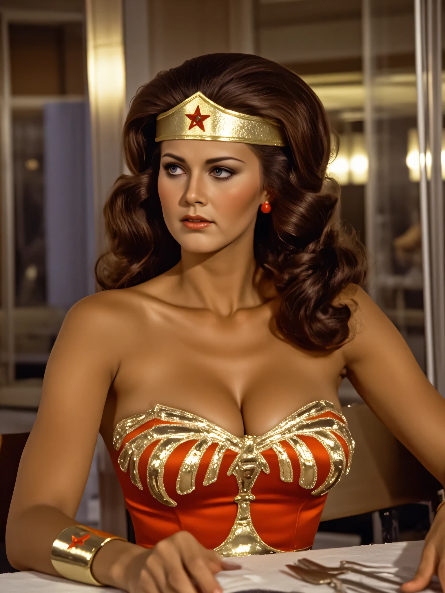 Lynda Carter as Wonder Woman, wearing gold eye mask sitting at a table in a restaurant.