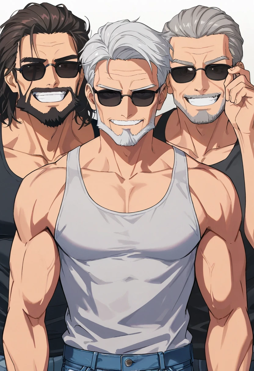 facing the front,smile, score_9, score_8_ up, source_Anime, ( score_7_ up, score_6_ up:0.8) , source_Anime, Official Art, Masterpiece, Hi-Res, Blake Old Man , Muscular Men , tank top, short denim, beard , sunglasses, upper body,