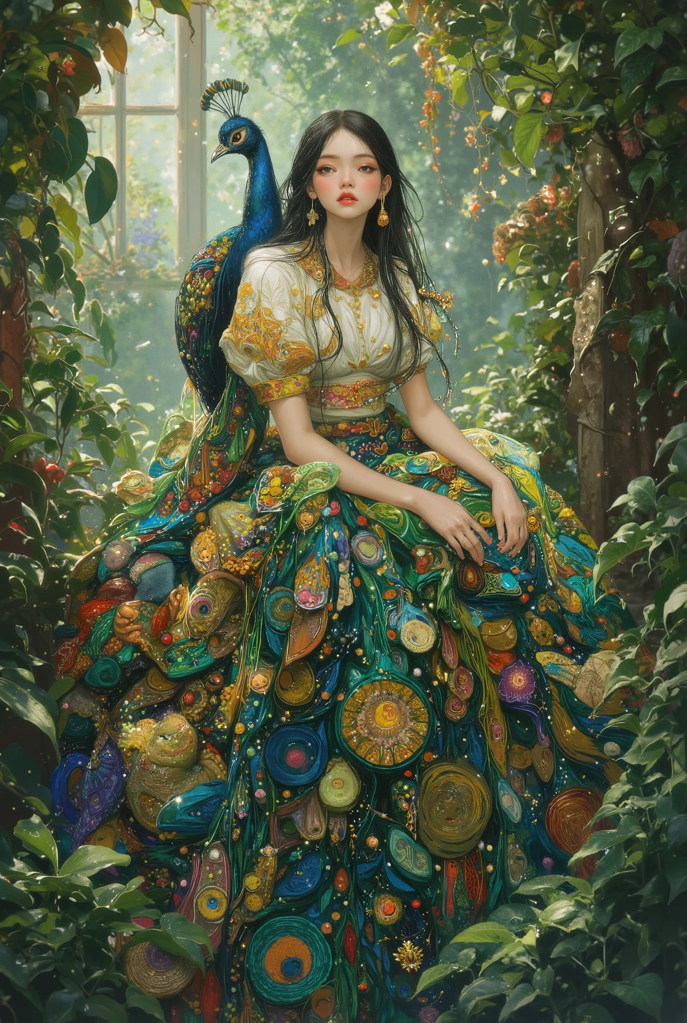 A half women and hald peacock. he sits among green plants