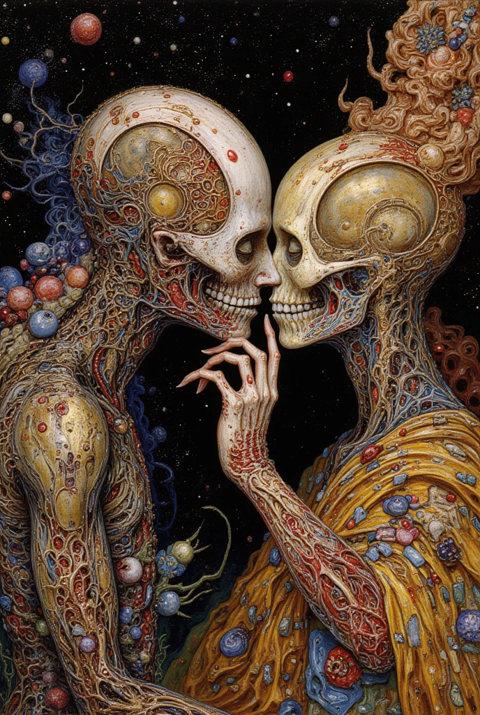 two skeletons are standing in the dark with a crescent above them, psychedelic aesthetic, human bodies intertwined, trippy art, intertwined full body view, humanoids overgrown with flowers, psychedelic surreal art, just take a pinch of psychedelic, lsd visuals, the lovers, psychedelic art, alex grey and romero ressendi, dmt art, entwined bodies