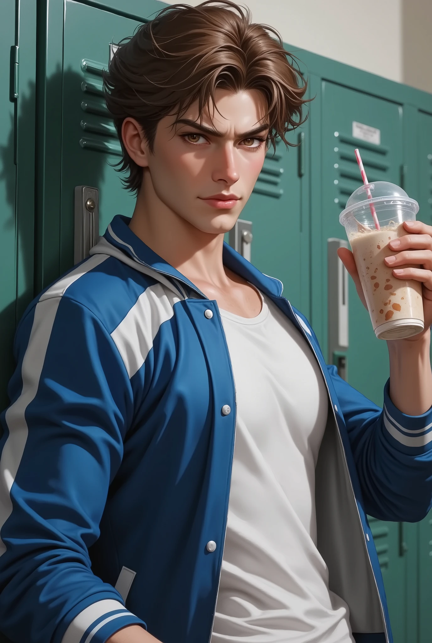 20 year old man, tall and strong, wavy and disheveled brown hair, amber eyes, sharp jaw, he wears a blue and white school jacket and a white t-shirt, with one arm resting on the school lockers and with the other hand holding a plastic cup with a milkshake lid, he is sideways looking forward.