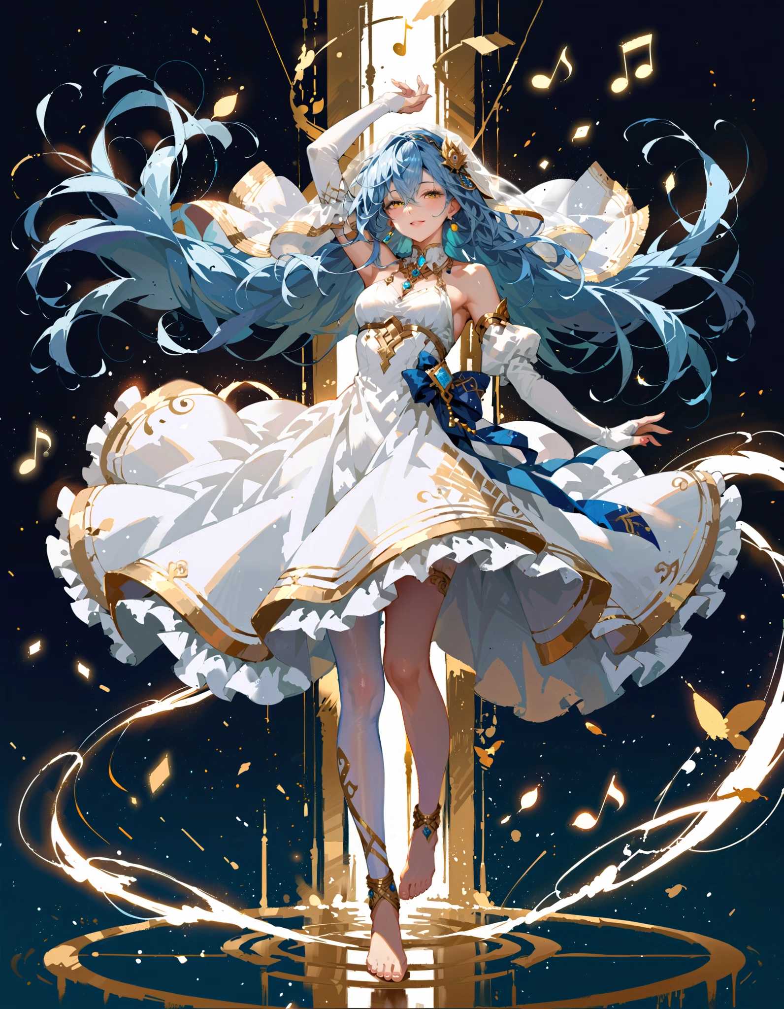 masterpiece, best quality, 1girl, solo base4zur, blue hair, very long hair, hair between eyes, yellow eyes, white veil, gold and blue hairband, detached collar, pendant, white dress, blue ribbon, clothing cutout, detached sleeves, long sleeves, white gloves, elbow gloves, fingerless gloves, single leg pantyhose, white pantyhose, thighlet, anklet, barefoot, dancing, arm up, half-closed eyes, abstract background, floating musical notes