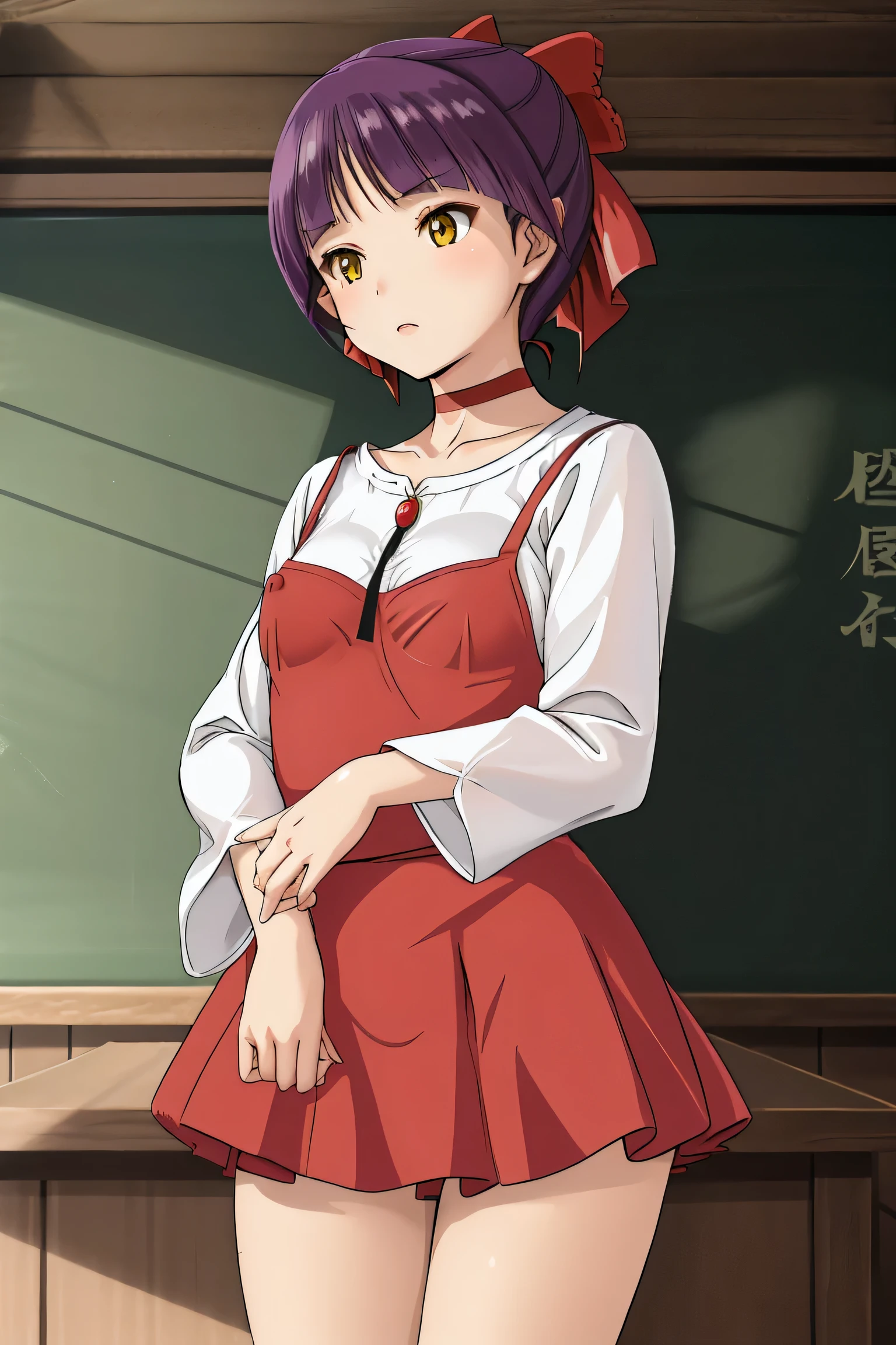   masterpiece, ((Very    Details,   delicate pattern ,   Intricate  Details )), (  very well detailedな,   Details),   top quality ,    beautiful lights arranged in an orderly manner ,   one girl ,  purple hair,   yellow eyes,   red choker  , Big red hair ribbon,   has stars ,   short hair,   Red Ribbon ,   beautiful collarbone , thin,   very stylish, ((白のLong down blouse,    red miniskirt )) "Cat girl"    file ,   Tiny Breasts ,   top quality ,   high image quality ,   very well detailed,    Details,   perfect lighting,  indoor, classroom,   in front of a blackboard  ,   Standing Posture  ,   Not wearing underwear,  No ., , sunlight,  best shadow, Best lighting,  in,    file ,   Tiny Breasts , Nipples, Long down blouse,  cute Japanese women's loose t-shirt pictures 