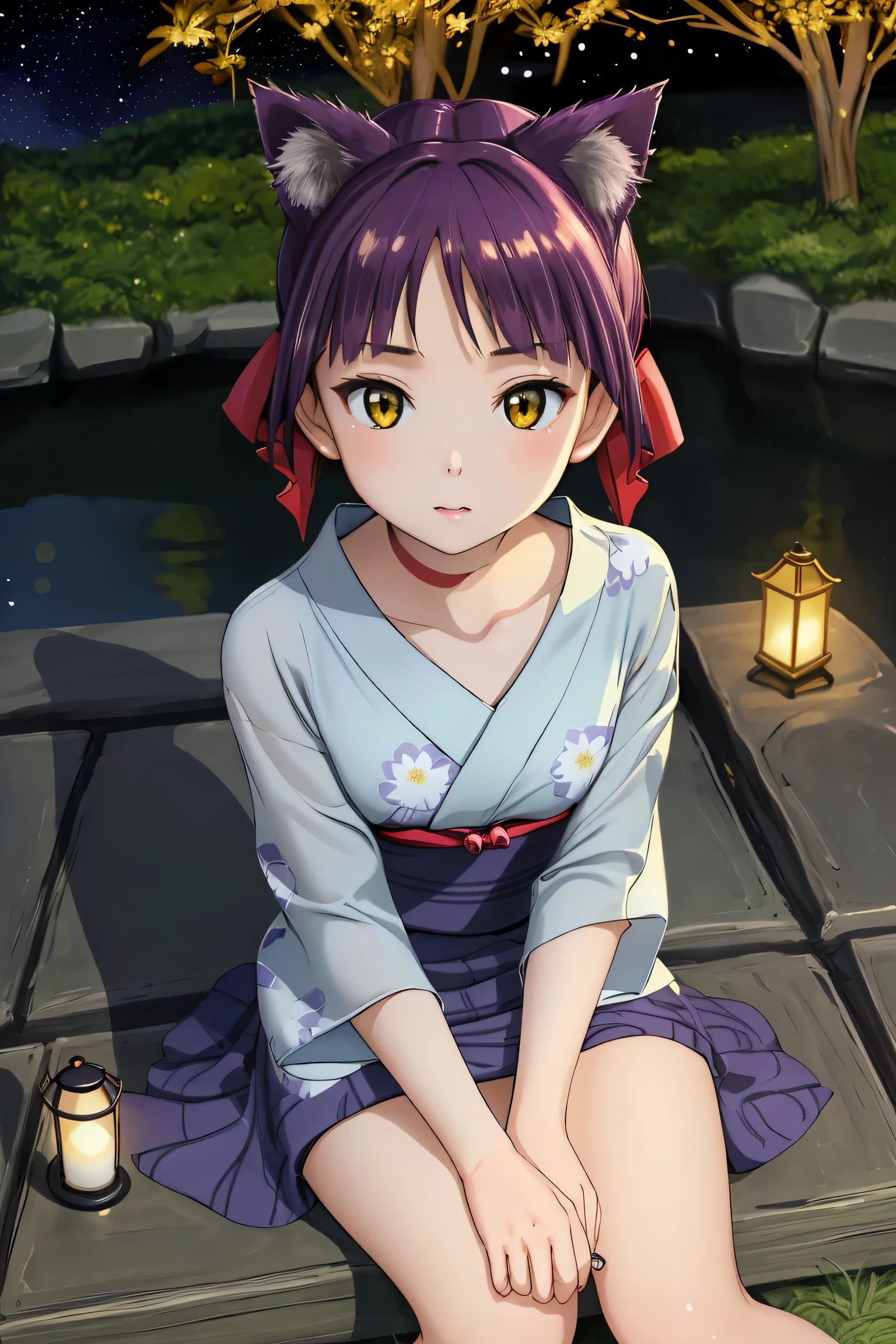 score_9、 top quality、 Official Art、 masterpiece, ((Very Details, delicate pattern , Intricate Details )), ( very well detailedな, Details), top quality , beautiful lights arranged in an orderly manner , one girl , purple hair, yellow eyes, red choker , Big red hair ribbon, has stars , short hair, Red Ribbon , beautiful collarbone , thin, very stylish, "Cat girl" file , Tiny Breasts , top quality , high image quality , very well detailed, Details, perfect lighting, Alone、dark blue yukata、 flower-patterned yukata 、night、(Starry sky :1.2)、sit、 looks up、 dark、river