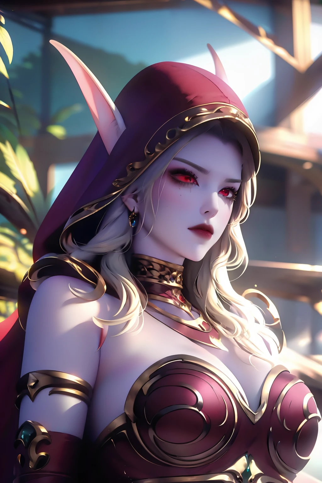 realistic, realism, photorealism, photorealistic, high contrast, (photorealistic:1.4), 8k high definition detailed realistic, (best quality, masterpiece:1.2), NSFW, photon mapping, radiosity, physics-based rendering, best quality, highly detailed,sylvanas, elf, elf ear, elf ear, red eyes, hood up, full body, look at viwer, semi-nude body, big tits, body fit, hourglass body, defined face, defined eyes, texture 4k