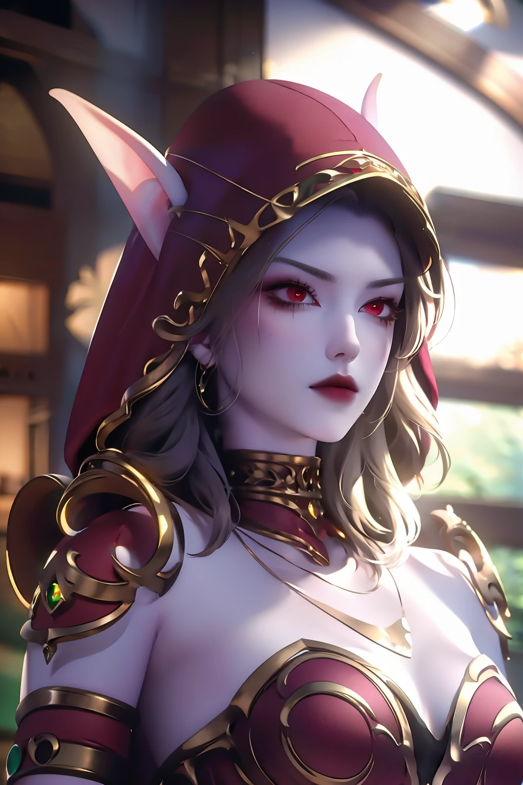 realistic, realism, photorealism, photorealistic, high contrast, (photorealistic:1.4), 8k high definition detailed realistic, (best quality, masterpiece:1.2), NSFW, photon mapping, radiosity, physics-based rendering, best quality, highly detailed,sylvanas, elf, elf ear, elf ear, red eyes, hood up, full body, look at viwer, semi-nude body, big tits, body fit, hourglass body, defined face, defined eyes, texture 4k