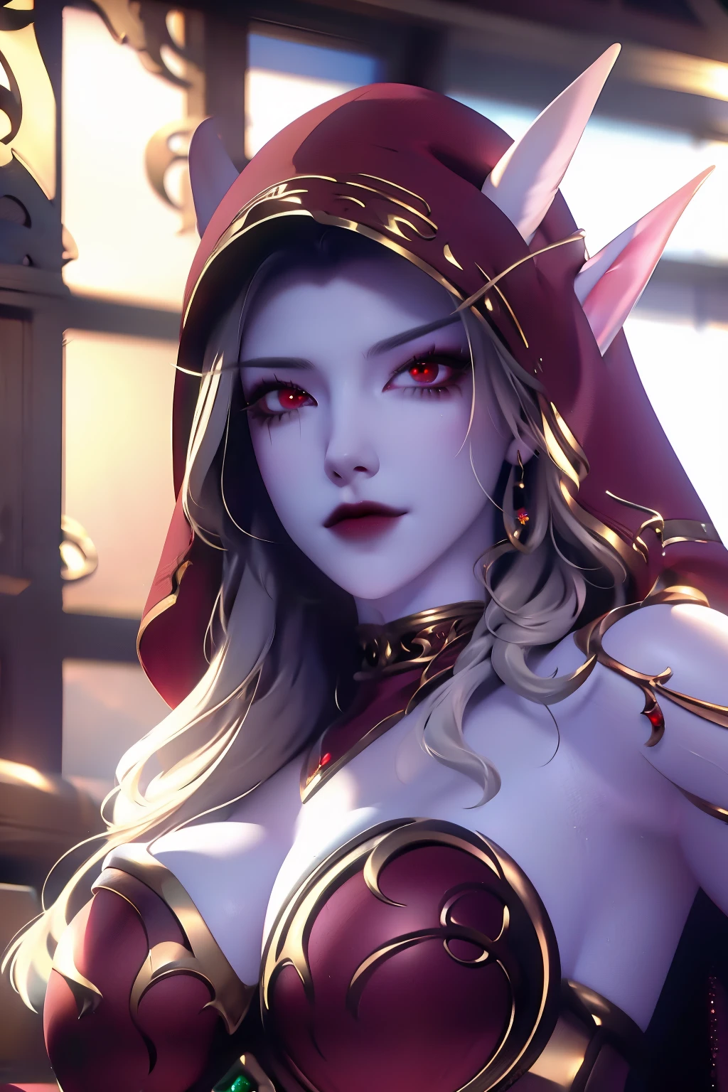 realistic, realism, photorealism, photorealistic, high contrast, (photorealistic:1.4), 8k high definition detailed realistic, (best quality, masterpiece:1.2), NSFW, photon mapping, radiosity, physics-based rendering, best quality, highly detailed,sylvanas, elf, elf ear, elf ear, red eyes, hood up, full body, look at viwer, semi-nude body, big tits, body fit, hourglass body, defined face, defined eyes, texture 4k