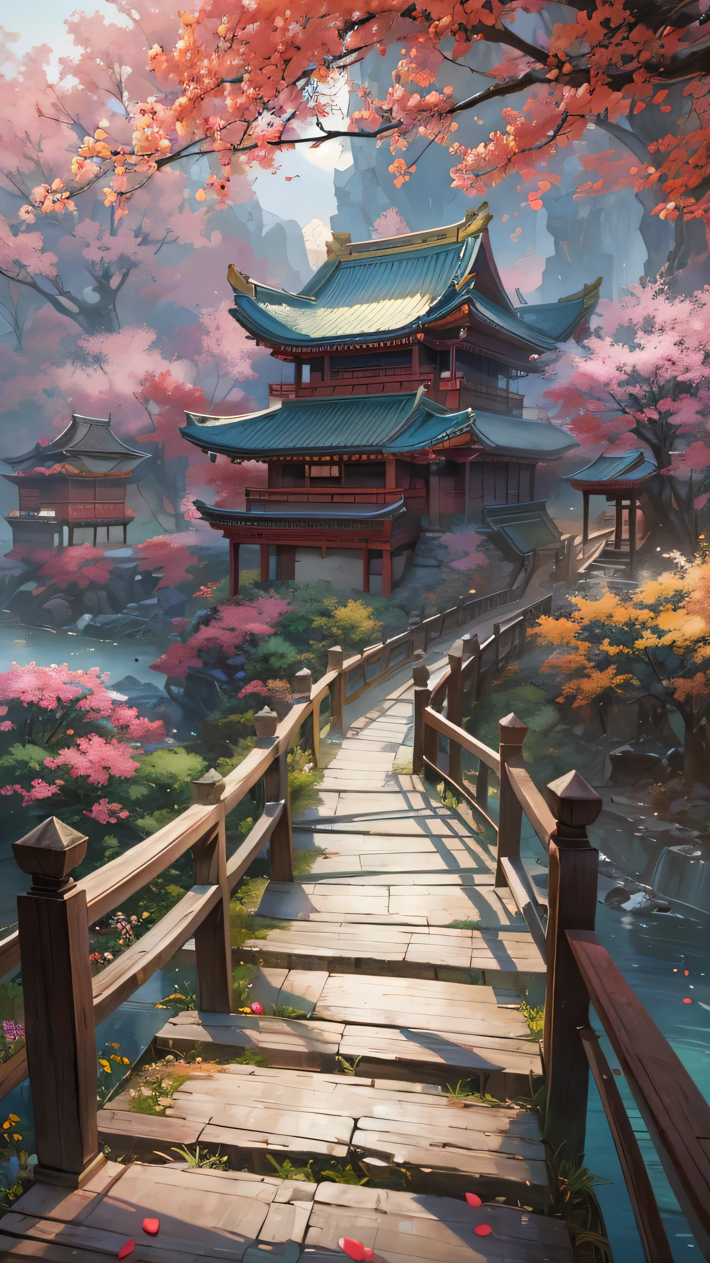 Painting of a bridge leading to a pagoda in a japanese garden - SeaArt AI
