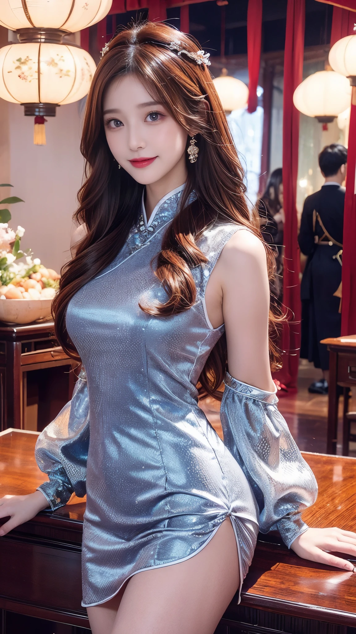 Detailed body, attractive body, perfect human body, realistic face,
(ultimate quality, masterpiece, highres:1.0), realistic:1.6, photorealistic,
[8k UHD photos, UHD high quality photos, Super detailed and super clear images],
Close-up of a Vietnamese girl two head with a detailed body, attractive body, perfect human body, realistic face,
(ultimate quality, masterpiece, highres:1.0), realistic:1.6, photorealistic,
[8k UHD photos, UHD high quality photos, Super detailed and super clear images],
Close-up of a Vietnamese girl with a beautiful face, tall and beautiful like a photo model,
, leggy, round face, big round eyes, Charming smile, Red lips, long curly eyelashes, big dimples, pointed chin, plump face, bright white skin, slim waist and long legs, wearing rings and earrings,
 Her face resembles Tuyet Linh, Tall and plump figure, wearing bright blue ao dai, sitting in front of the dressing table, sexy pose,
Super shiny bright blue satin ao dai,