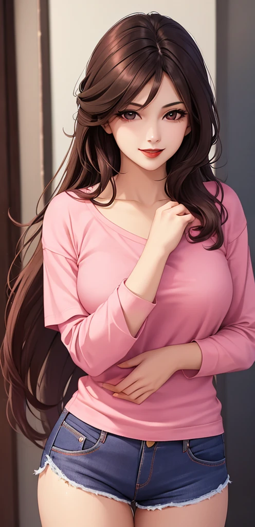 woman, smile, long hair brown, dark, she is solo, red lipstick, from alternative world ,best quality, realistic, pink shirt, Blue shorts