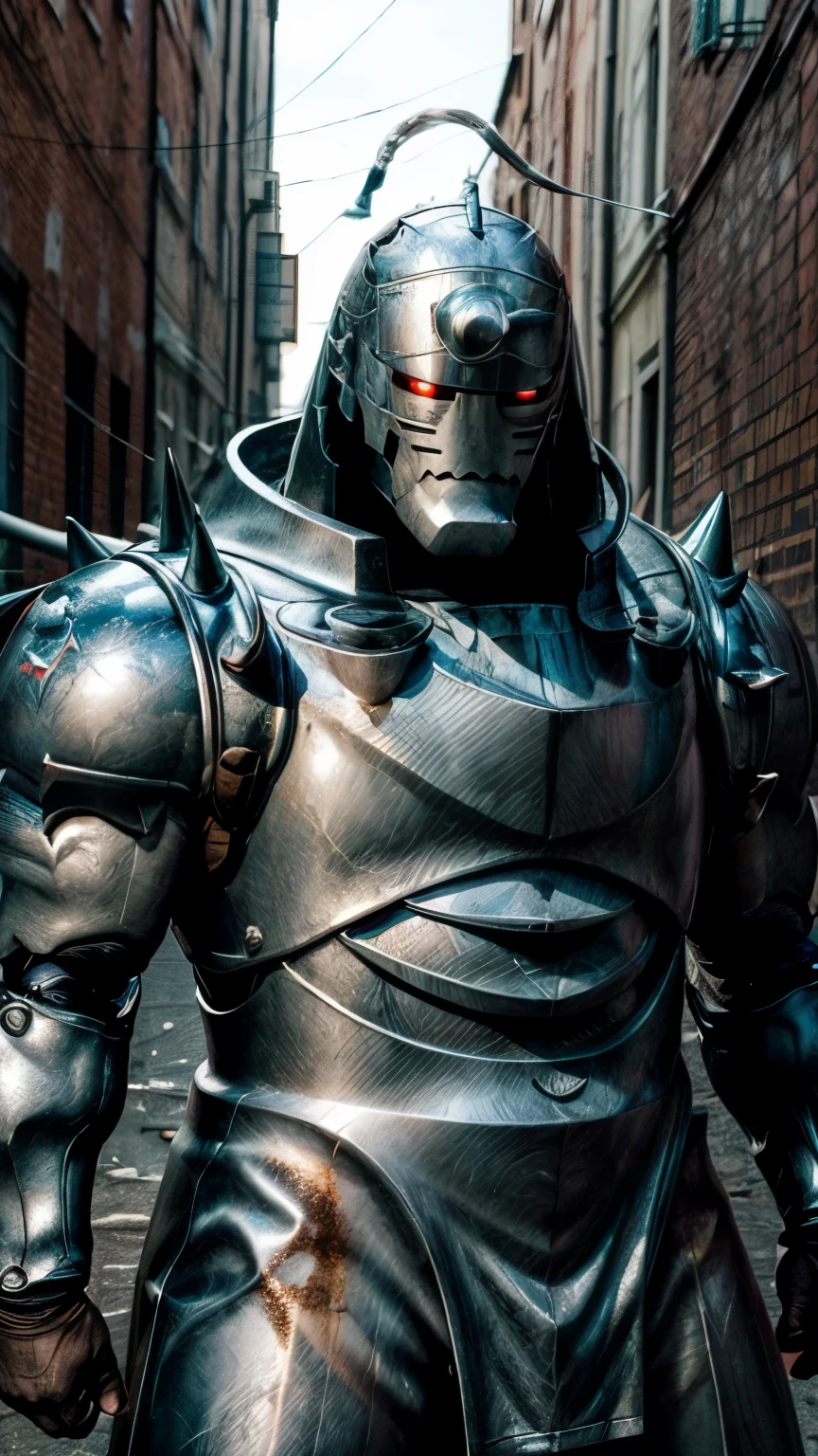 Masterpiece, absurdres, best quality, alphonse_elric, glowing eyes, armor, spikes, helmet, standing, portrait, background is a alley