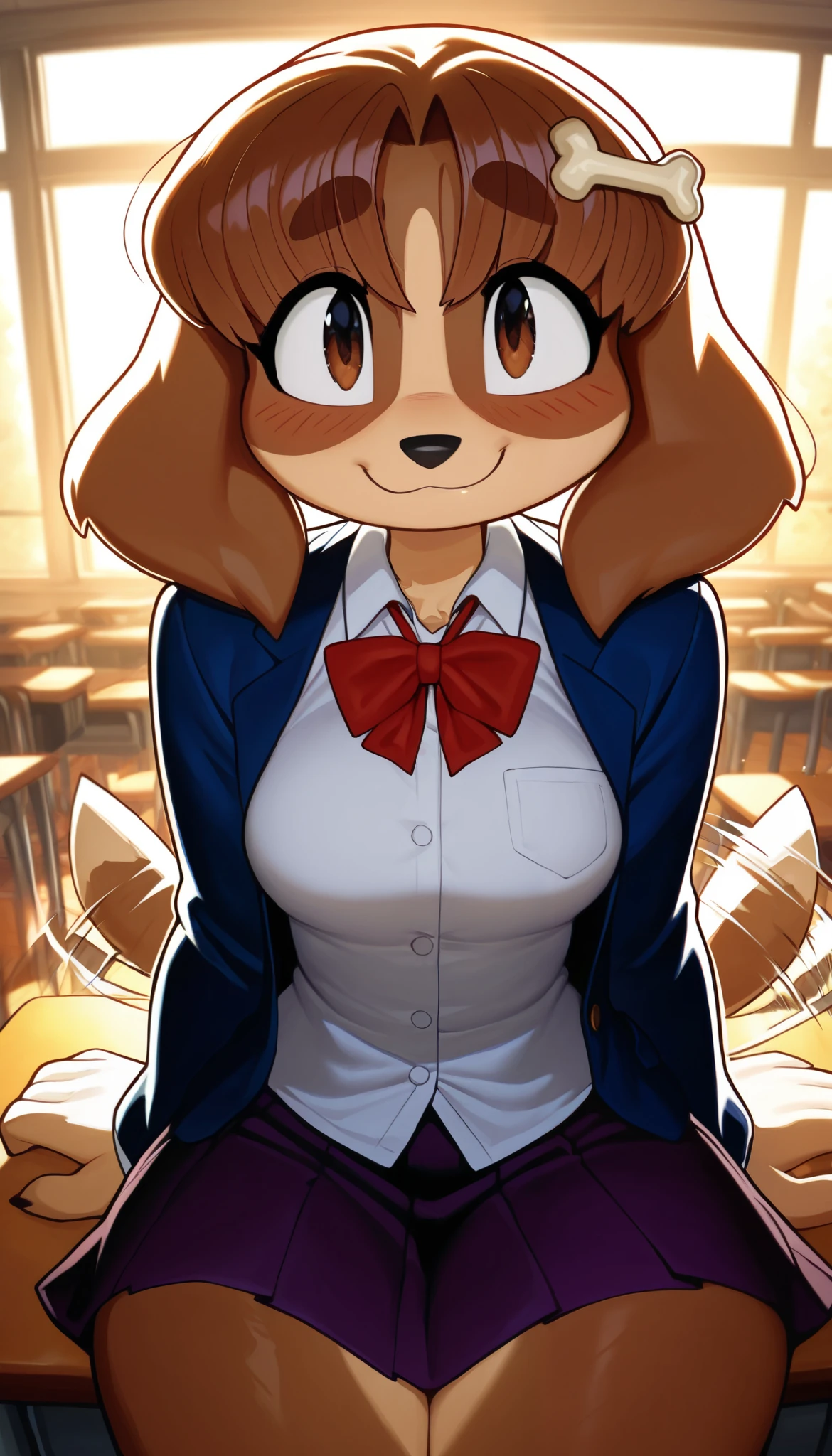 1girl, mugi, brown eyes, brown fur, bone hair ornament, tail wagging, furry female, cute eyes, cute smile, closed mouth, looking at the viewer, medium breasts, thighs, hips, (18-year-old girl), school uniform, white socks, blue jacket, white shirt, red bowtie, brown footwear, miniskirt, collared shirt, long sleeves, close-up, upper body, female focus, contrast lighting, side lighting, masterpiece, best quality, newest, absurdres, highres, amazing quality, very aesthetic, classroom setting, score_9, score_8_up, score_7_up, score_6_up, score_5_up, score_4_up