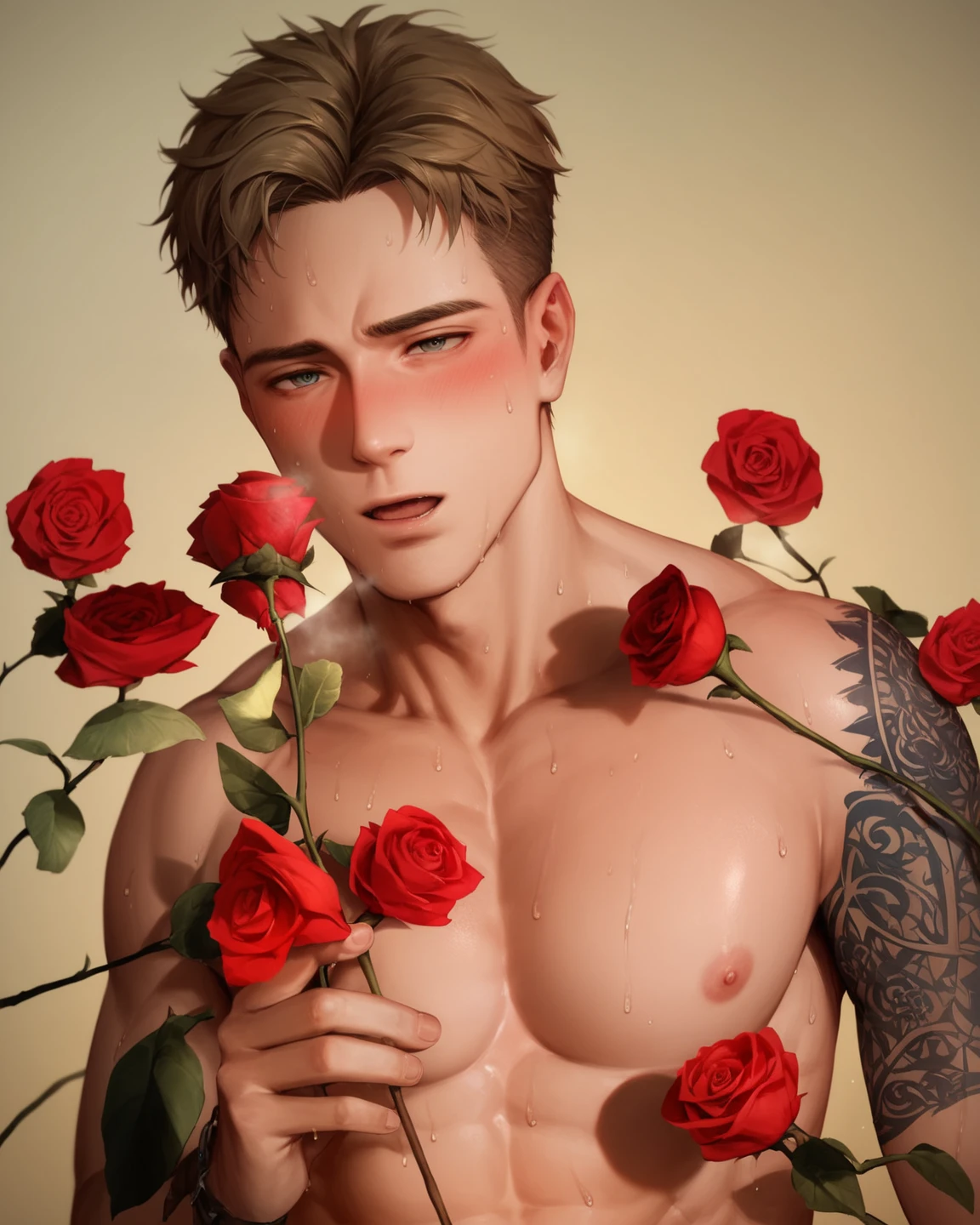 Male handsome, masterpiece, best quality, anime, highly detailed face, highly detailed eyes, highly detailed background, perfect lighting, 1male, solo, full body, standing, latex legwear, black hair, detail flowers, naked torso, green eyes, 