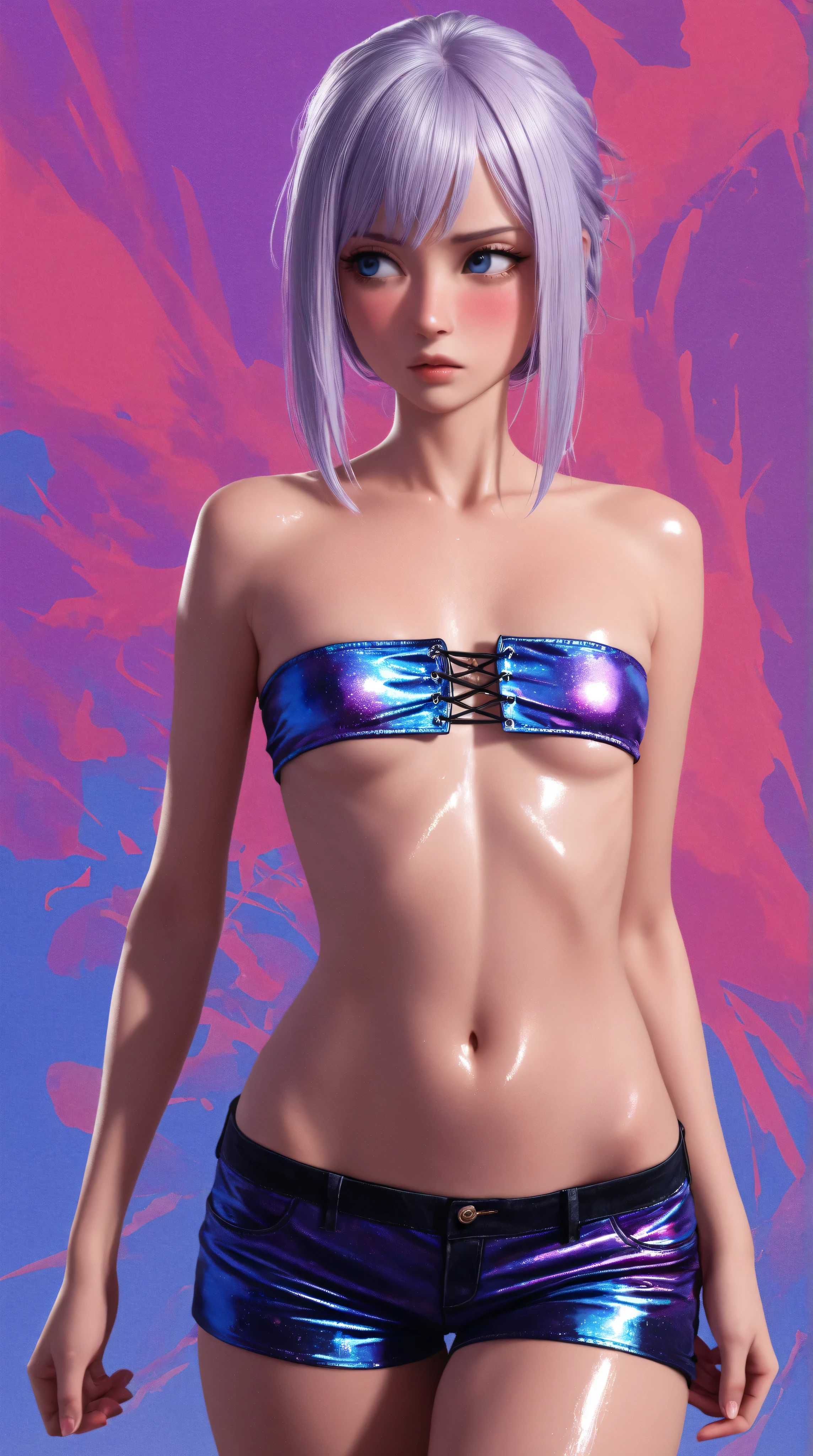 Wildlife, ((Best resolution)), ((high quality:1.2)), Work of art, 8k, extremely detailed, ((High detail:1.2)), Solo, asian girl, (mini-shorts, crop strapless), (beautiful perfect face:1.23), Kizi,(eyes looking off to side), Highly detailed, Amazing work,Vitreous luster, blues, yellows, Best quality at best,shiny skin, no background, colorful background, purple background, blue background, background, metallic purple, plunging neckline, sexy pose, dynamic pose, heavy blushing, small breasts, light purple hair, blue eyes,
