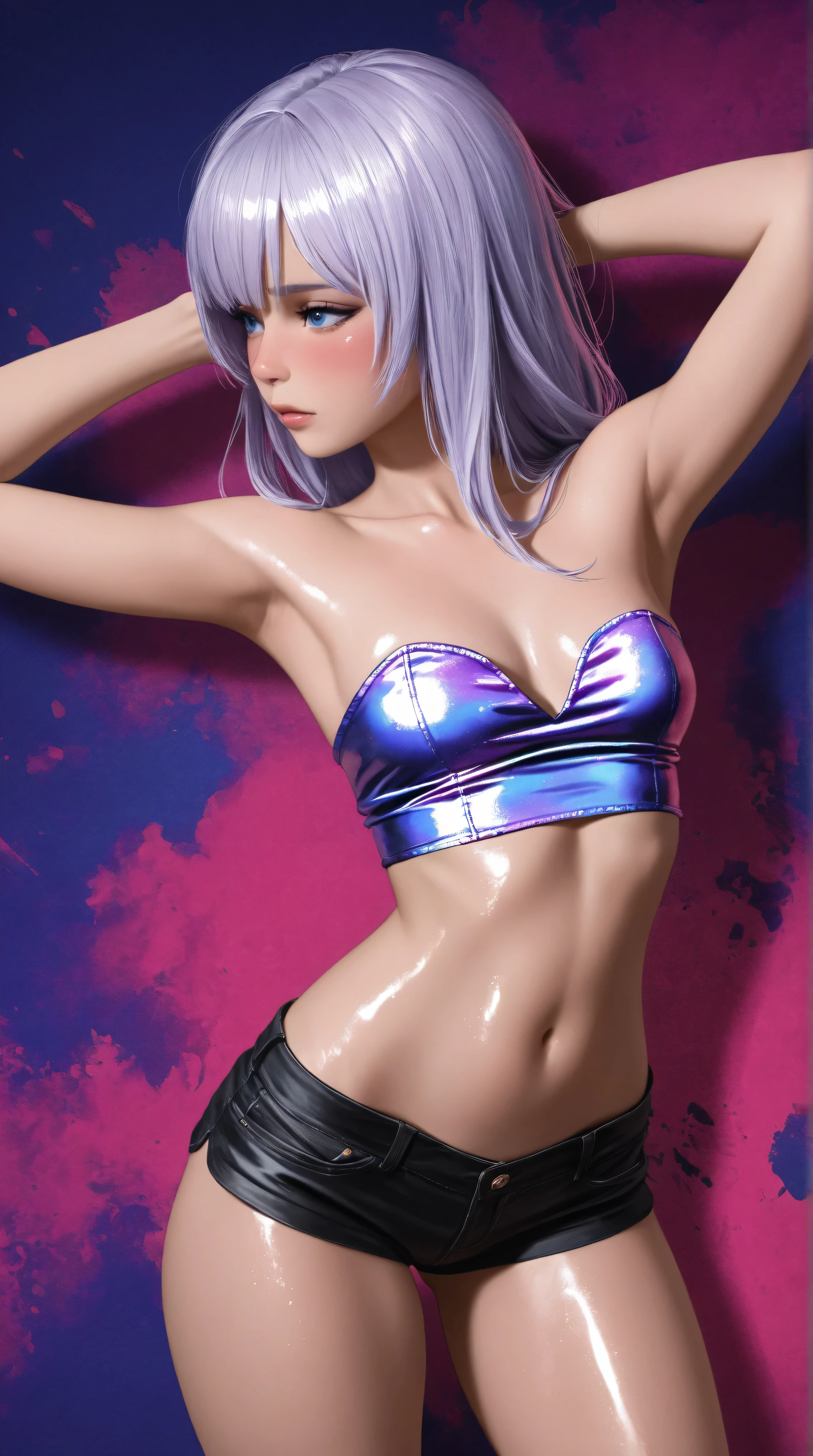 1 girl, solamente, (NSFW), Cute 18 year old girl in twin tails, ((cuerpo femenino perfecto)), (Maquillaje de cara linda), multiple (cabello color arco iris: 1.2), (Hermosos ojos azules detallados: 1.6), (Ojos fotorrealistas: 1.6), ((ojos perfectos: 1.6)), feliz, Ucraniano, (Small body), ((small hips)), ((white pale skin:1.2)), (Micro bikini y top de tubo: 1.2), ((Pantimedias mate: 1.6)), (("TRON LEGACY ciudad futurista" fondo de estilo)), (Noche:1.2) ojos perfectos, ojos simetricos, ojos azules, cara perfecta, tetas perfectas, anatomia perfecta