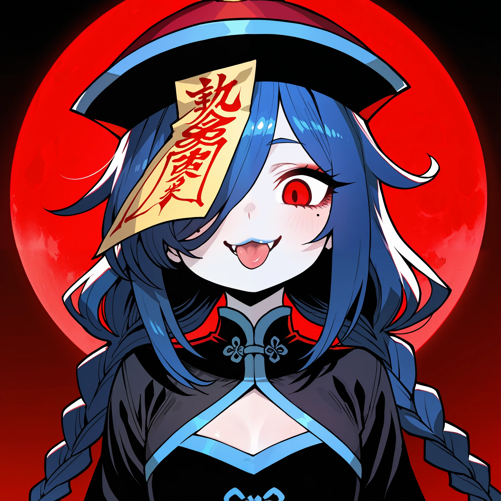masterpiece, best quality, amazing quality, high contrast, highres, absurdres, (ratatat74 style:0.7), (ssambatea style:0.8), 1girl, solo, blue hair, long hair, spiked sideswept bangs, hair over eye, twin loose braids, flat breasts, pale blue skin, blue lips, red eyes, fangs, tongue, jiangshi, mesugaki, cleavage cutout, mole under eye, qingdai guanmao, talisman, black, chinese clothes, black dress, makeup, red background, moon, mutsuki face, chibi, portrait, close-up, smile, :3, tongue out