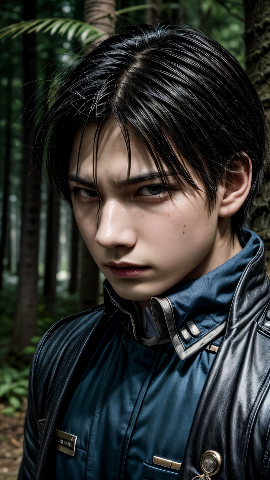 masterpiece, best quality, illustration, 1boy, solo, male focus, looking at viewer, , , , , roy_mustang, black hair, black eyes, jester costume, The Enchanted Forest, 16k resolution