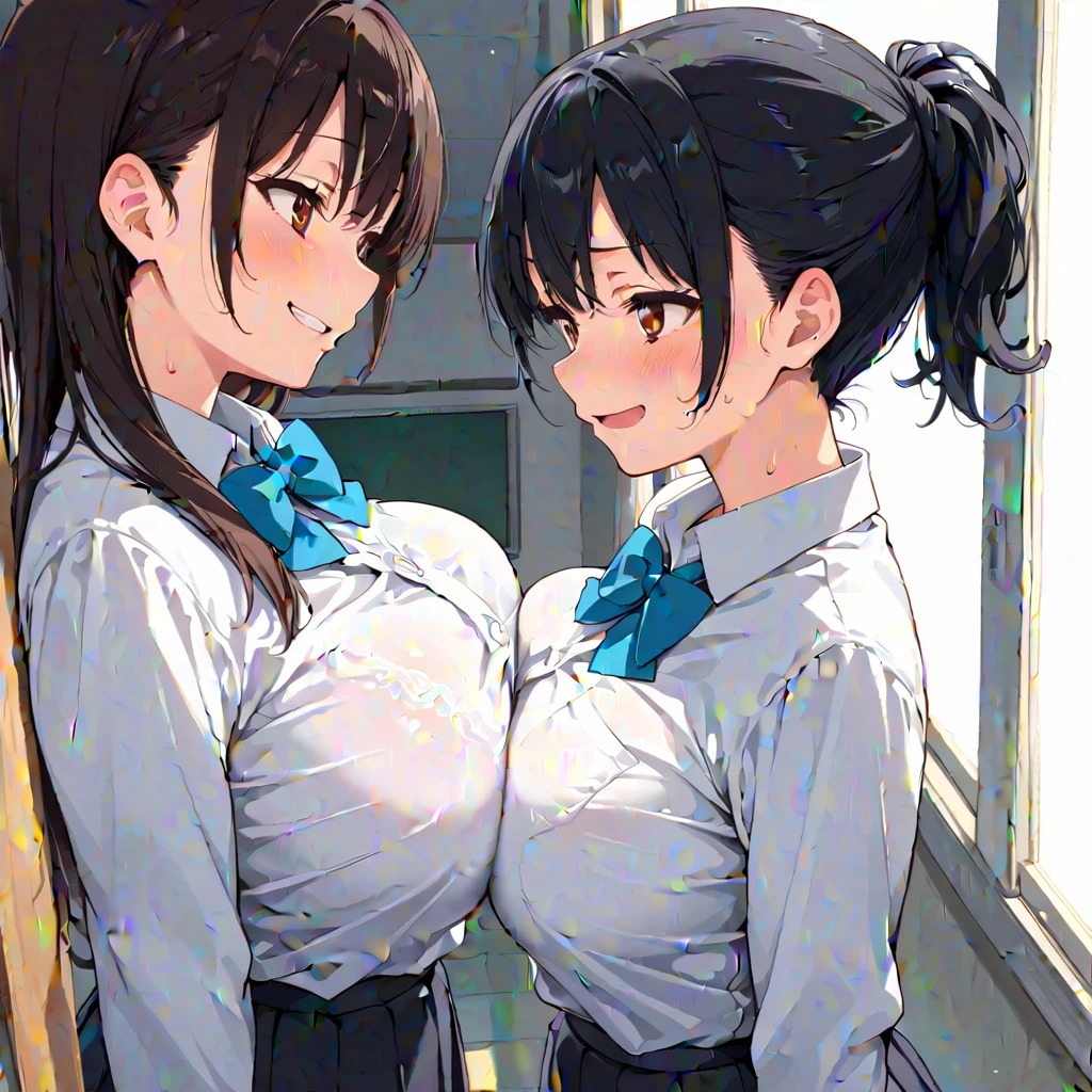 2lady(different hair style and clothes color), ((ultra-quality)), (Bukkake:1.5), (side view), (profile), (from back), (sexy back), (nude upper body), (in 8K), (arms behind back:1.5), (arms are down), ultla highres, Hyper Detailed, High contrast, Ultrafine Strike, creative refinement, absurdres, Realistic, extremely detailed CG unified 8k wallpaper, Highly detailed, High-definition raw color photos, professional photograpy, Realistic portrait, Cinematic Light, Beautiful detailed, 28 years old woman, (realistic skin:1.3), (shiny skin), (Best Quality:1.4), Super Detail, High quality, ​master piece, lifelike, (After SEX), Bukkake, Perfect face, (cum on chest:1.5), (Bukkake:1.3), (cum on clothes:1.3), (Sharp Focus), (upper body), (close up), Delicate Beautiful Hair and Eyes and Face, Delicate eyes, radiant eyes, Lifelike, Hyper-detailing, (Wearing a dark sailor uniform:1.3), (school costume), (dark sailor collar), (black japanese school shirt), (exposed), (pleated skirt), (large areola), (colossal tits:1.8), (big breasts:1.5), (Beautiful breasts:1.5), (exposed breasts), (puffy nipples:1.3), (sexy nipples:1.3), (arms behind back:1.3), Beautiful cute woman, camel-toe details, (NSFW), wet clothes, pale black eyes, (bob cut), (ponytail), (asymmetrical bangs),