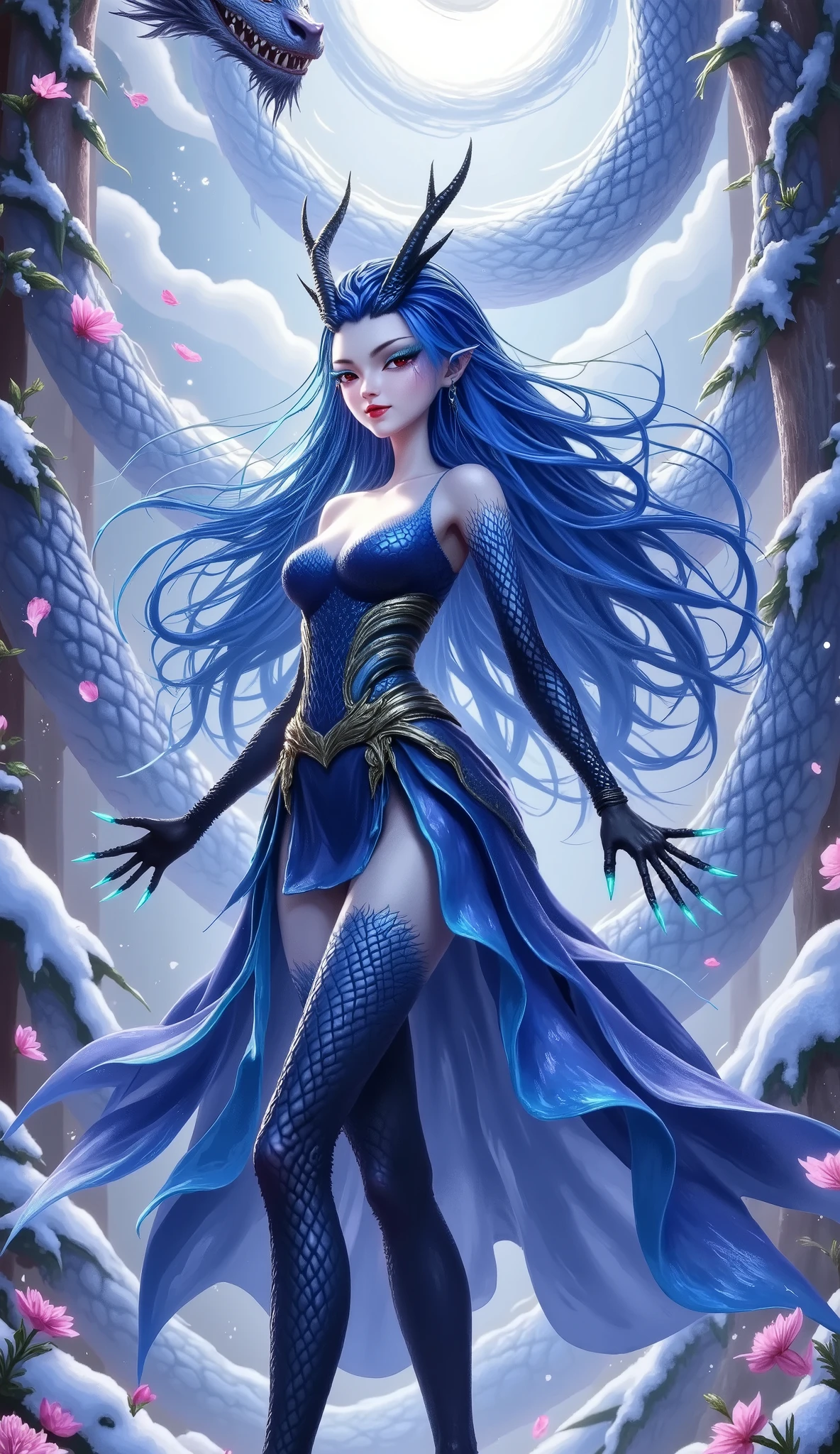 A woman with blue hair and horns , red eyes,Blue eyelashes,Scales on the cheeks, skirt,Thigh socks。Petals and snow falling in the air , Fine and gorgeous digital art , Full Moon