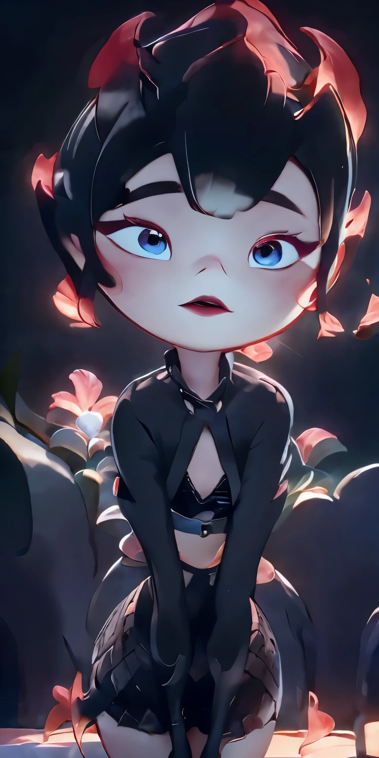 (best quality:1.4),(shiny skin), body focus, (cute face), (((best quality))), illustration, ((Beautiful Finger)), , Beautiful body, Beautiful character design, ,perfect lighting, Colorful, Bright_Front_face_Lighting, ultra high res, highres, absurdres:1.2, bokeh:1.2, lens flare, (vibrant_color:1.2), (thick thighs:1.1), THICK, Black hair with bangs, pale skin, large round blue eyes, black eyeliner, black lipstick, neutral expression,    ruffled bikini