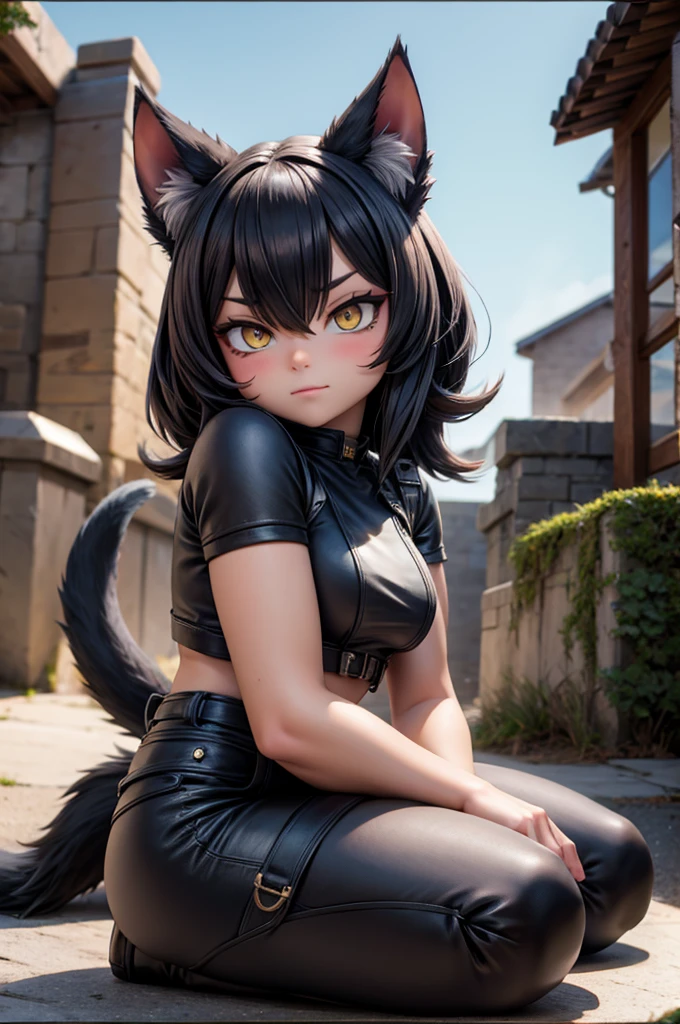 ((Cute pose with butt up)), ((kneel down showing backside and ass on bed)) ((Sexy, tall beautiful pet catgirll)) ((cat ears, cat tail, cat furr, cat paws, cat feet, cat claws)) ((Big bright yellow cat eyes)) ((dark eyeshadows make up)) ((bright red lipstick)), ((long straight black hair, twin tail hair with bangs covering one eye)) ((big breasts:1.8)) ((slender body:1.3)) ((wear black lace tiny string thong lingerie)) ((black lace stocking, long black lace gloves, gsrterbelt)) ((choker)) ((inside bedroom, with many pillows around))((high definition:1.5), ((low intencity lights)) ((masterpiece:1.5))((8k:1.5)) ((Best quality:1.4))