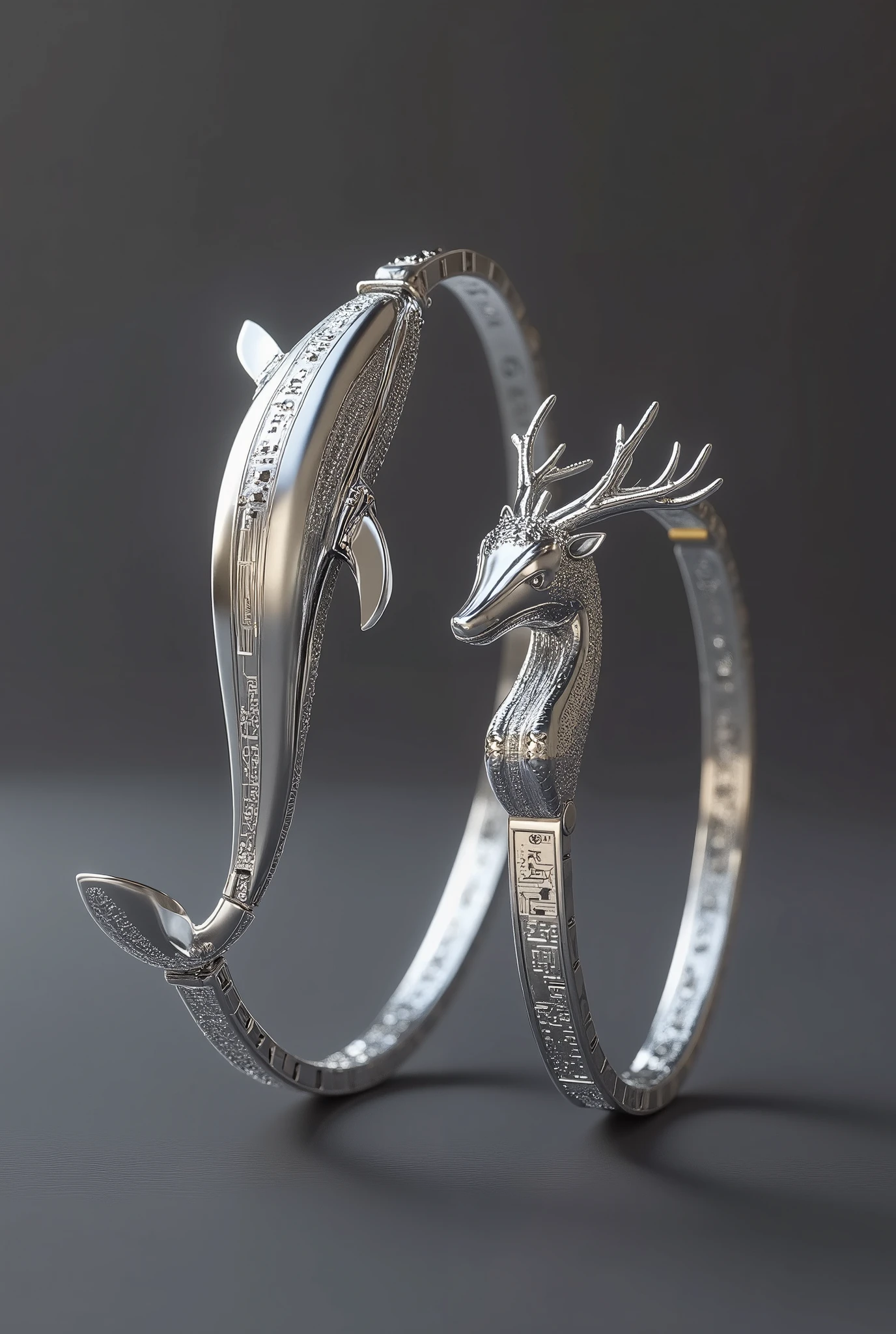 Design of matching bracelets for a couple, where the men's bracelet features a whale element and the women's bracelet has a deer element. The design follows a minimalist and modern tech-inspired style, with sleek lines and subtle engravings. The whale bracelet should incorporate subtle curves, representing fluidity and movement, while the deer bracelet should have delicate and refined details symbolizing grace and elegance. Both bracelets are metallic, with a smooth, polished finish, conveying a futuristic yet elegant vibe.
