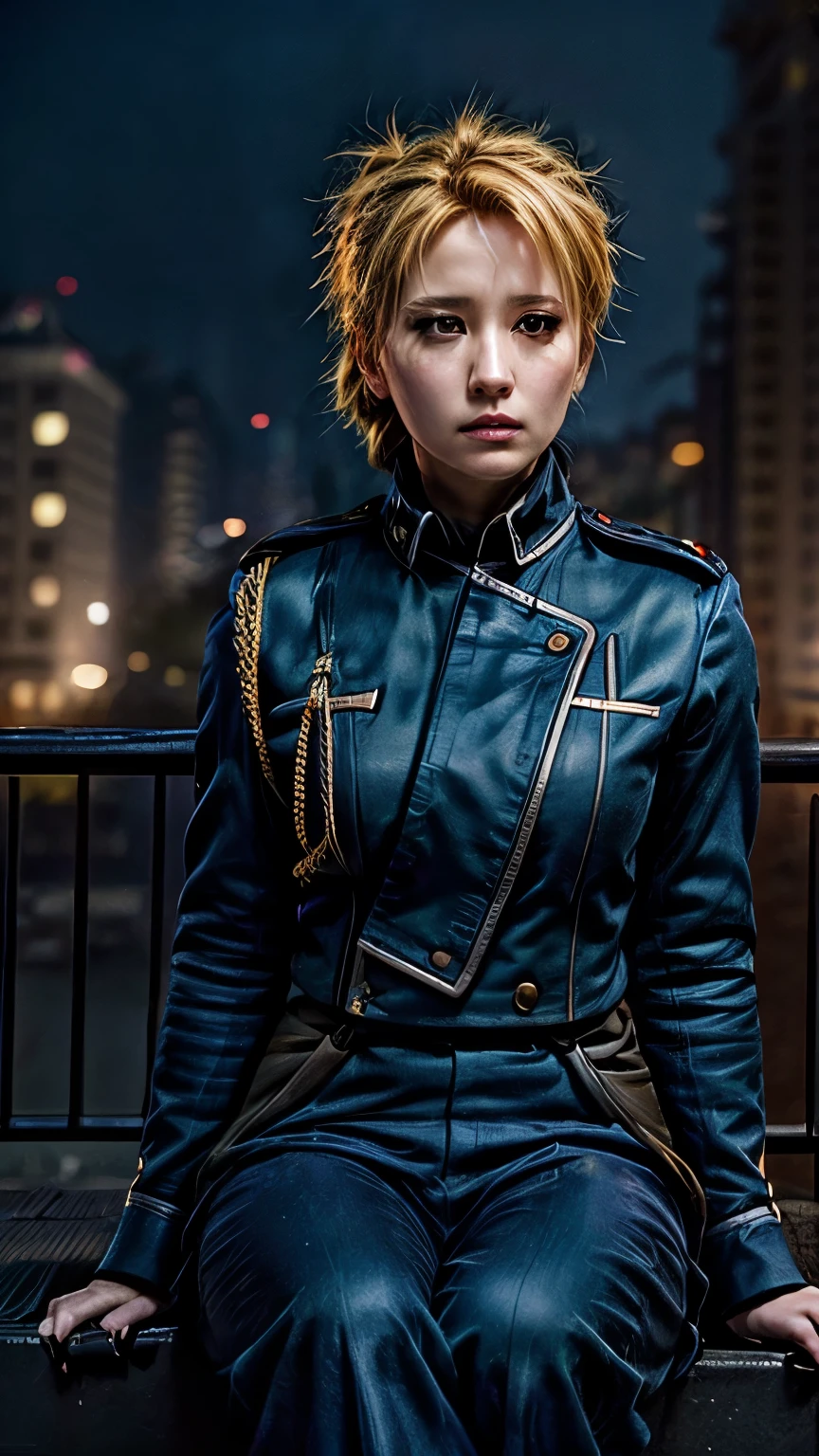 unparalleled masterpiece, 8k uhd, perfect artwork, mature female, intricate detail, cityscape, looking away from viewer, riza, brown eyes, hair up, uniform, anime, dramatic lighting, sitting, 