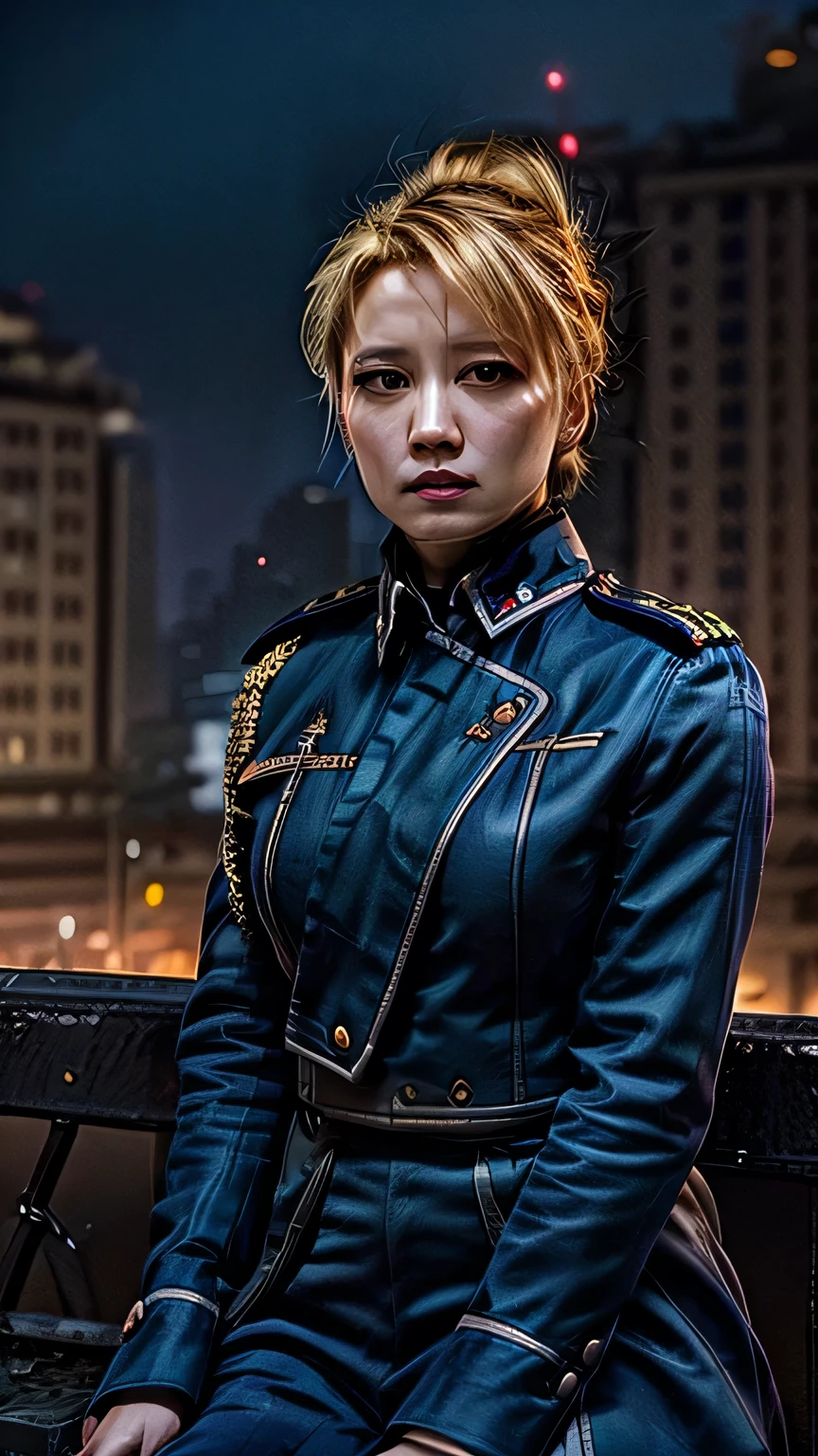 unparalleled masterpiece, 8k uhd, perfect artwork, mature female, intricate detail, cityscape, looking away from viewer, riza, brown eyes, hair up, uniform, anime, dramatic lighting, sitting, 