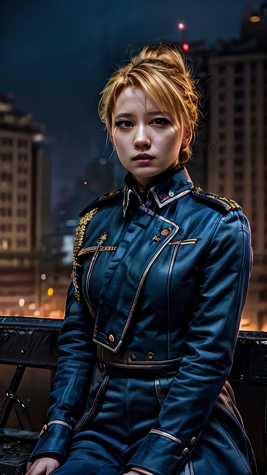unparalleled masterpiece, 8k uhd, perfect artwork, mature female, intricate detail, cityscape, looking away from viewer, riza, brown eyes, hair up, uniform, anime, dramatic lighting, sitting,